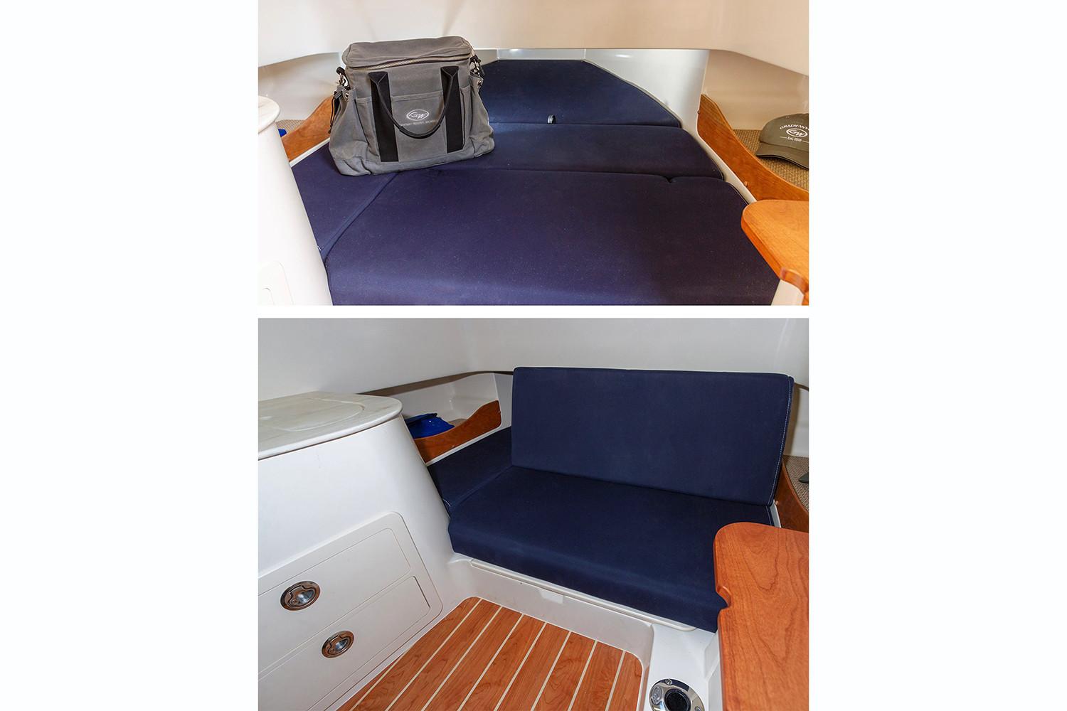Manufacturer Provided Image: 2020 Grady-White Canyon 336 cabin interior with blue seating and wooden accents.