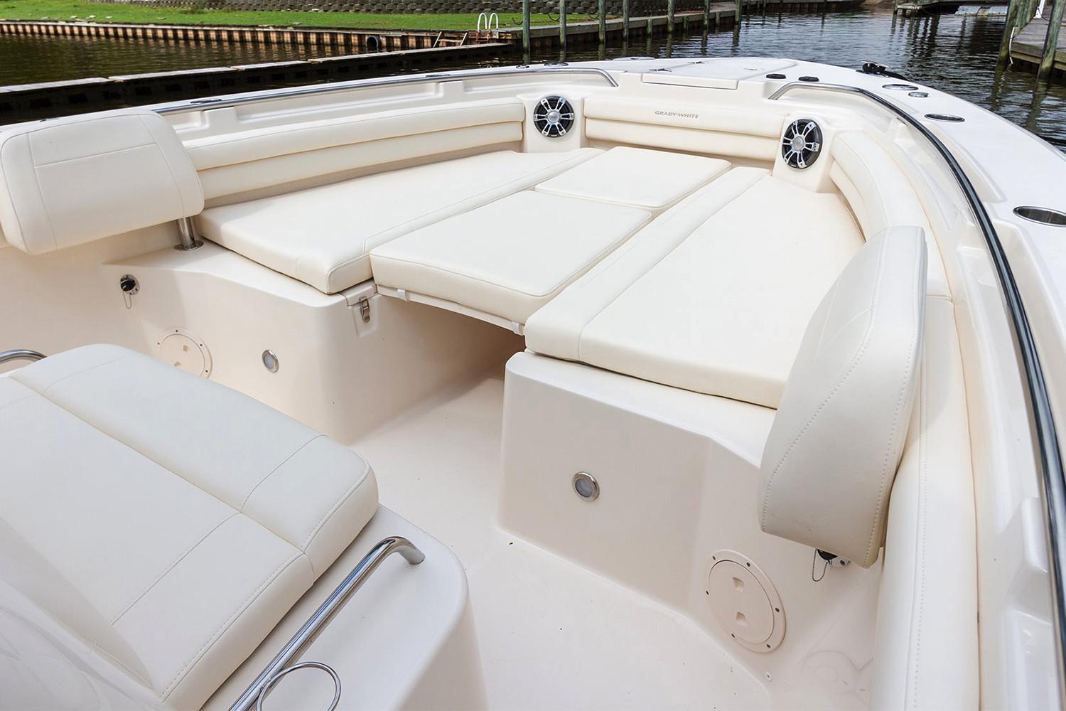 Manufacturer Provided Image: 2020 Grady-White Canyon 336 boat interior with white cushioned seating.