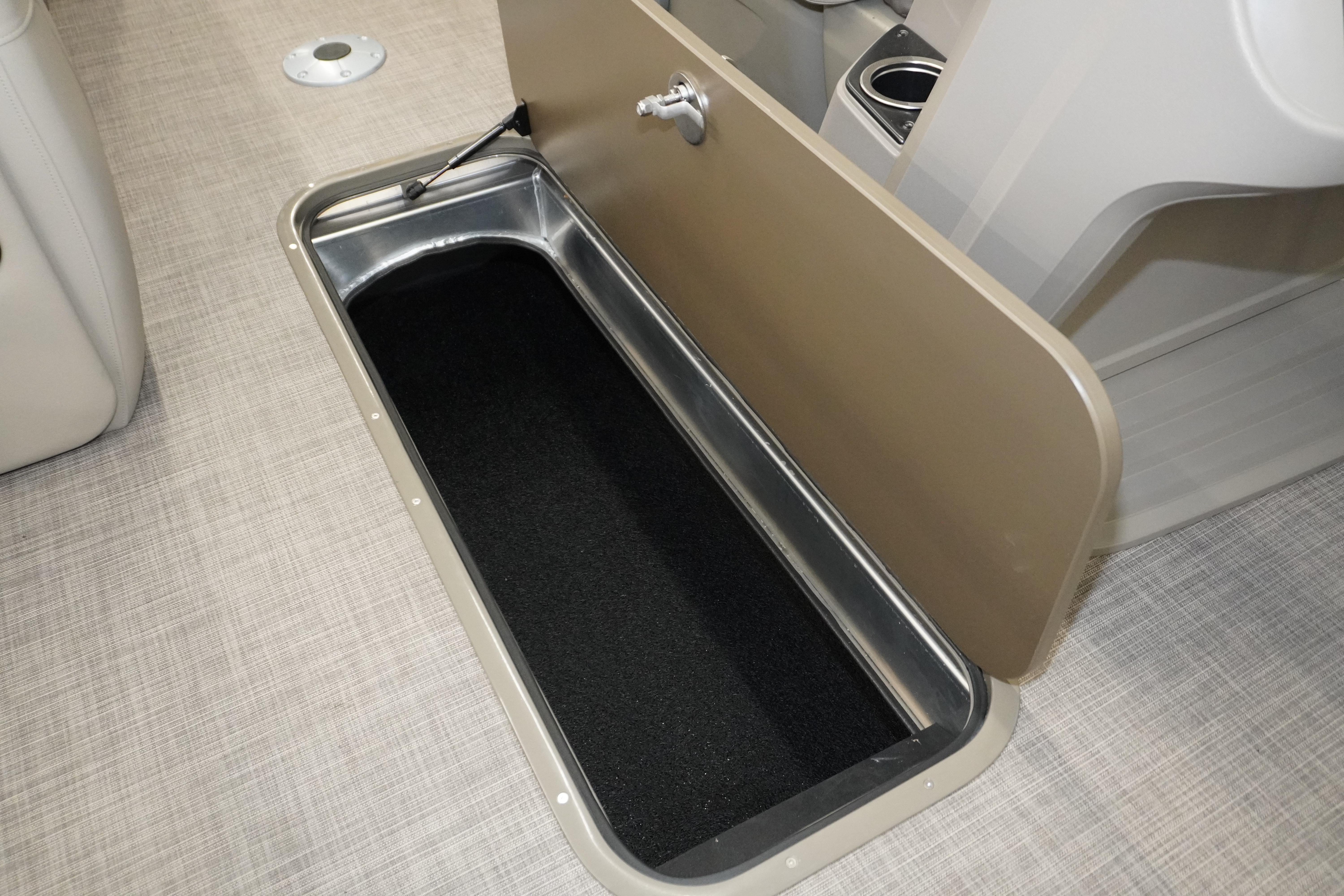 2024 Sun Tracker Party Barge 22 XP3 storage compartment with open hatch on deck.