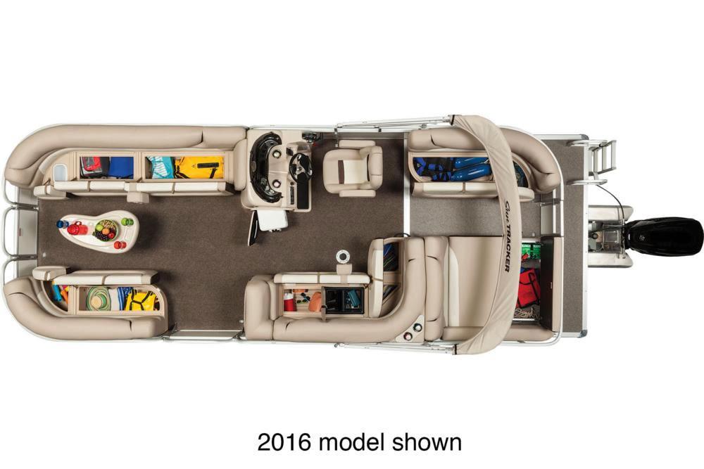 2017 Sun Tracker Party Barge 24 DLX pontoon boat, top view, spacious seating layout.
