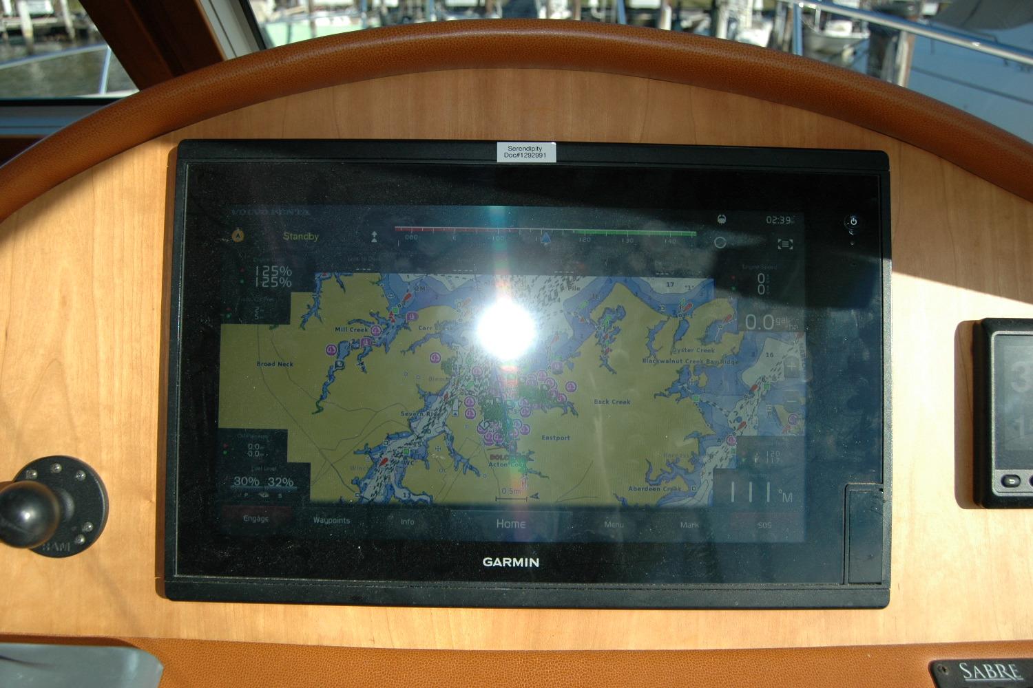 Garmin navigation display on 2019 Sabre 38 Salon Express yacht dashboard.