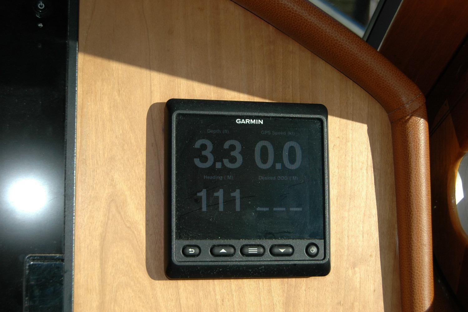 Garmin display on 2019 Sabre 38 Salon Express showing depth and heading.