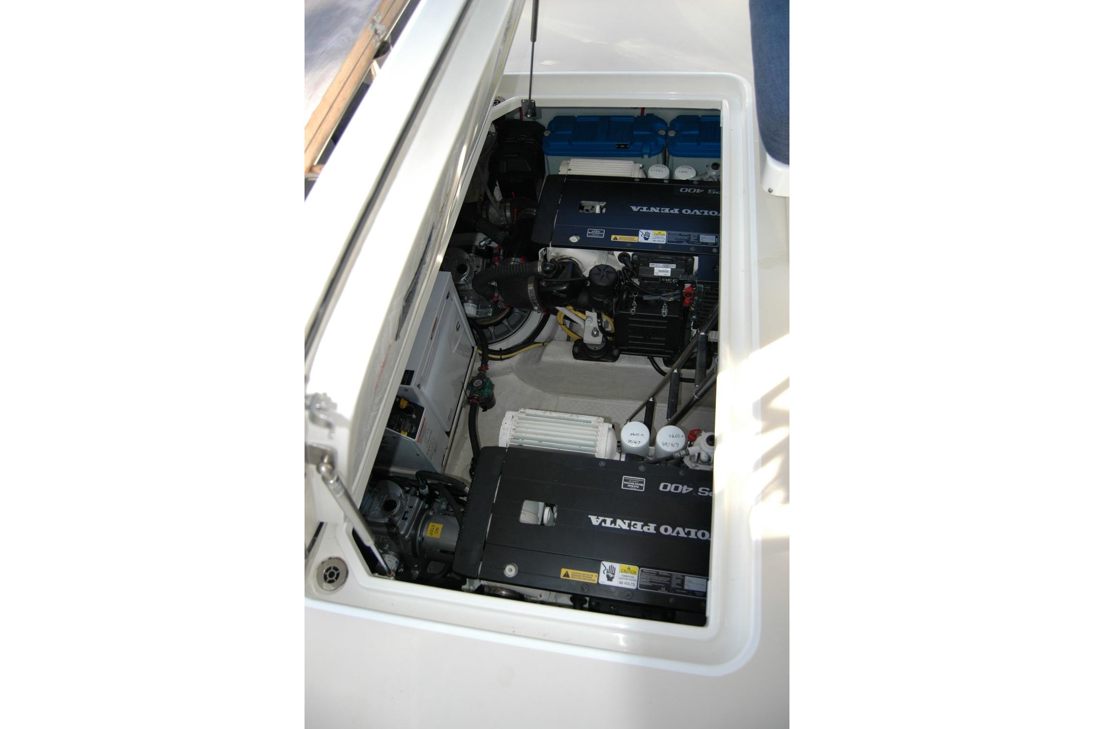 Engine compartment of 2019 Sabre 38 Salon Express with Volvo Penta engines.
