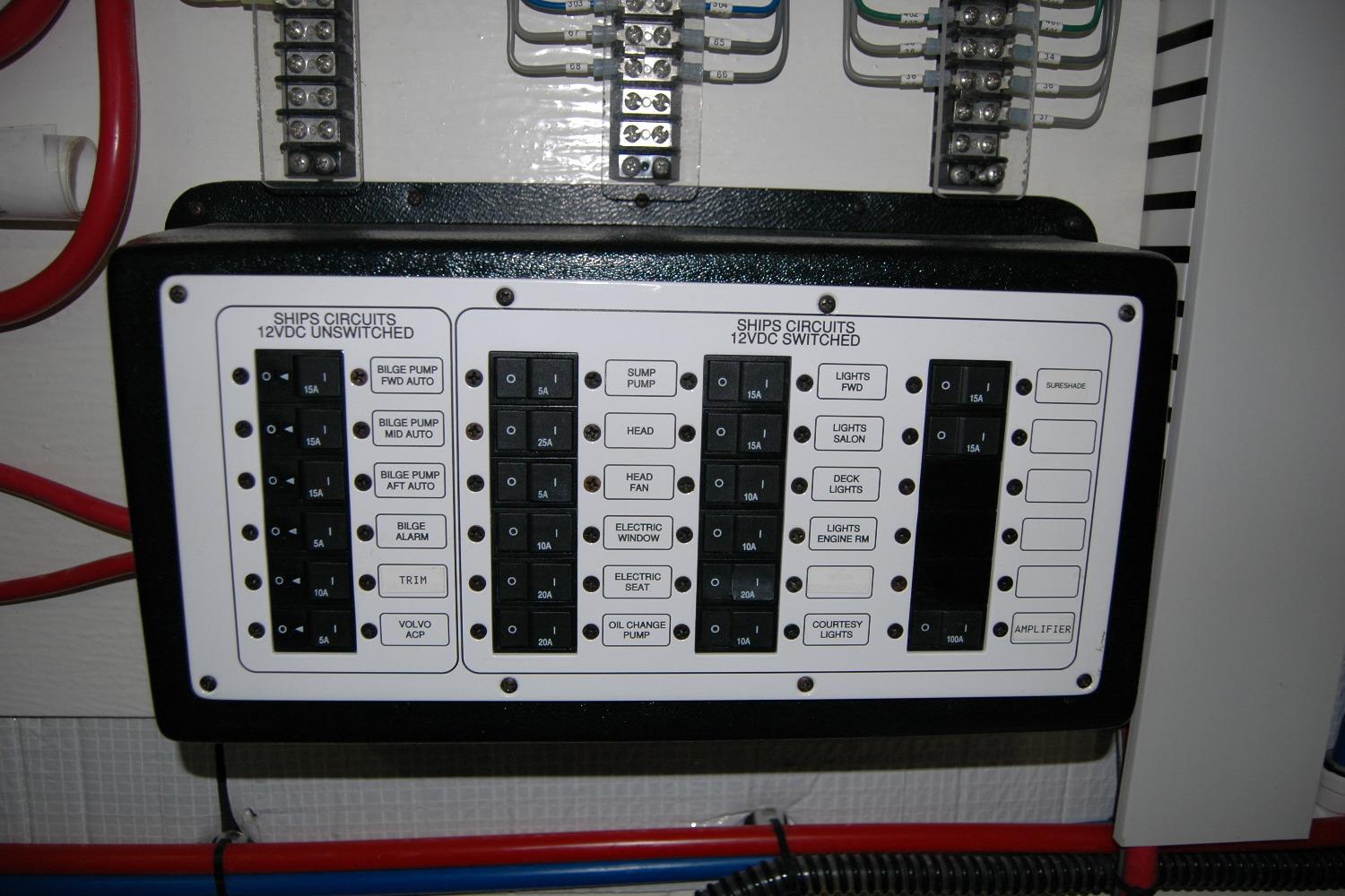 Electrical panel on a 2019 Sabre 38 Salon Express boat, showing circuit switches.