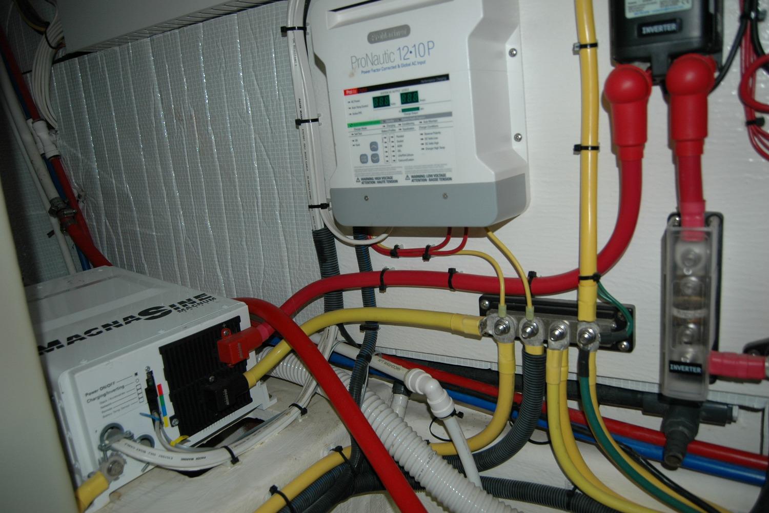 Electrical system of a 2019 Sabre 38 Salon Express boat with wiring and inverters.