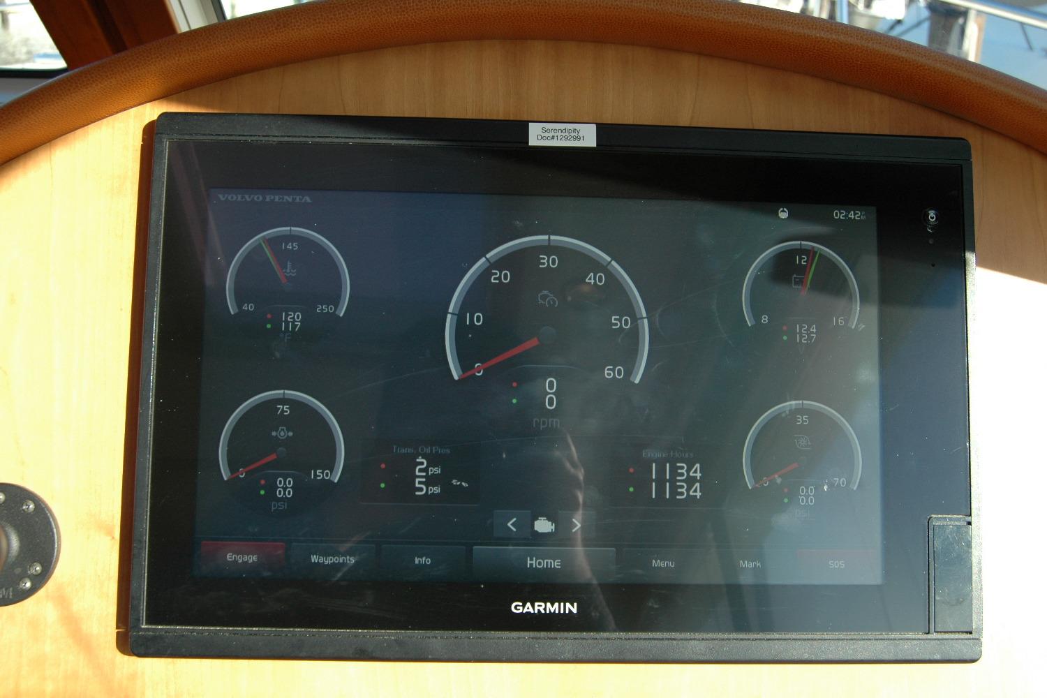 Dashboard display of 2019 Sabre 38 Salon Express with Garmin interface and gauges.