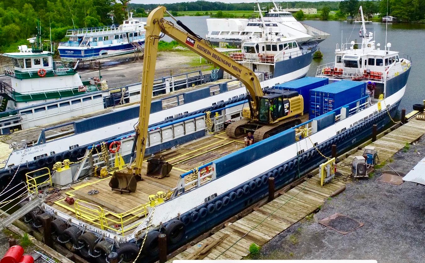 Custom-C & G Boat Works High Speed Supply Vessel 2002-VISION FL-US-Custom 2002 Offshore Supply Vessel with excavator, docked at a busy shipyard.-9686575