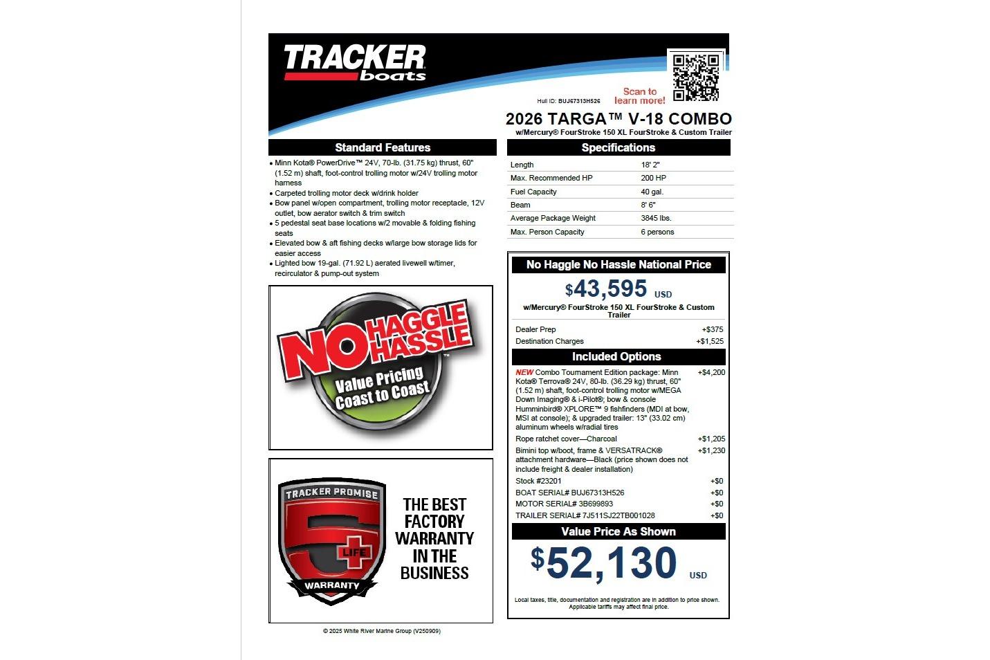 2026 Tracker Targa V-18 Combo boat specifications and pricing details.