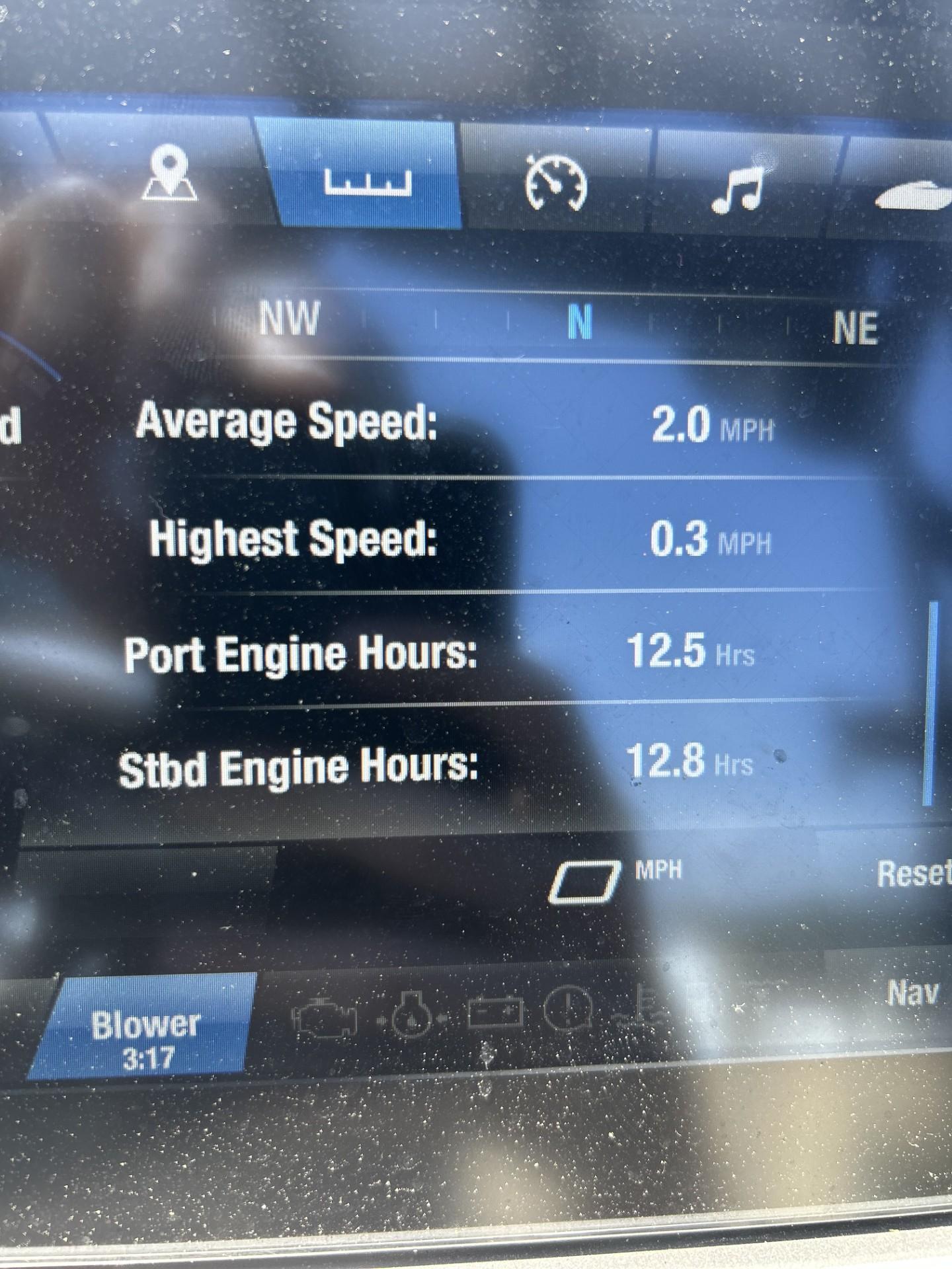 Dashboard display of a 2023 Yamaha Boats 222 XD showing speed and engine hours.