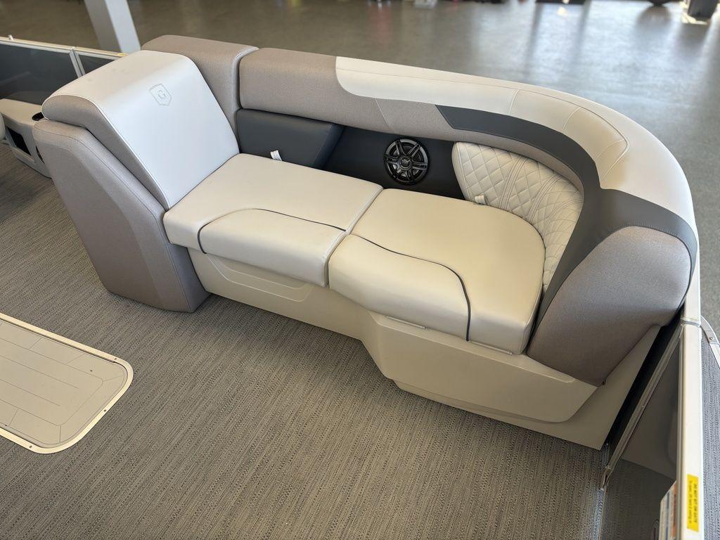 Luxurious seating on 2025 Godfrey Sweetwater 2286 SFLC pontoon boat, featuring elegant upholstery.
