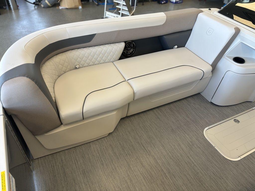 Luxurious seating on 2025 Godfrey Sweetwater 2286 SFLC pontoon boat, featuring elegant upholstery.