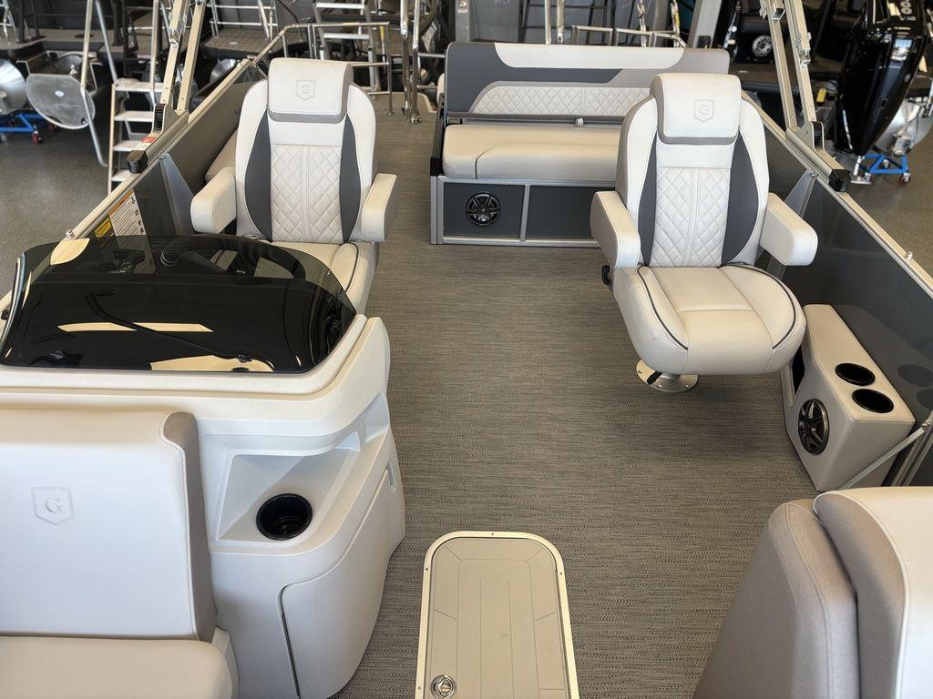 2025 Godfrey Sweetwater 2286 SFLC pontoon boat interior with modern seating and sleek design.