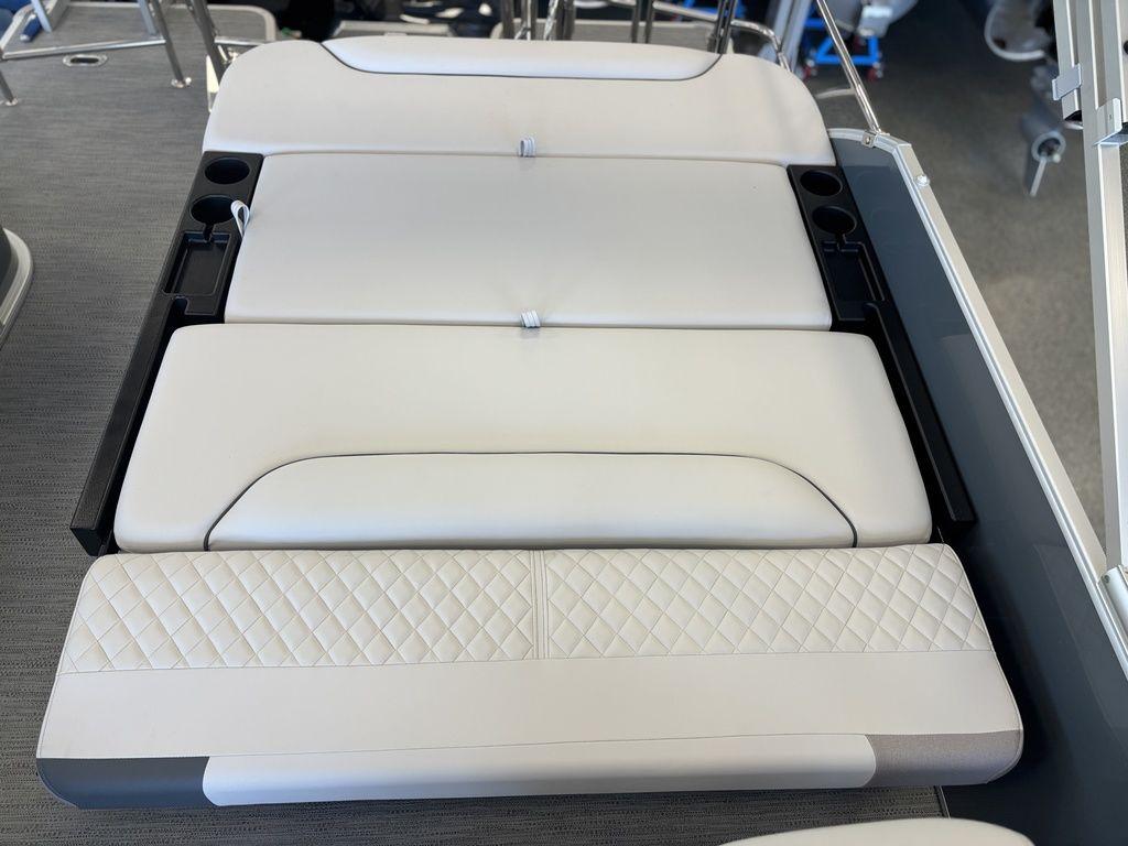 Luxurious seating on 2025 Godfrey Sweetwater 2286 SFLC pontoon boat, featuring quilted upholstery.