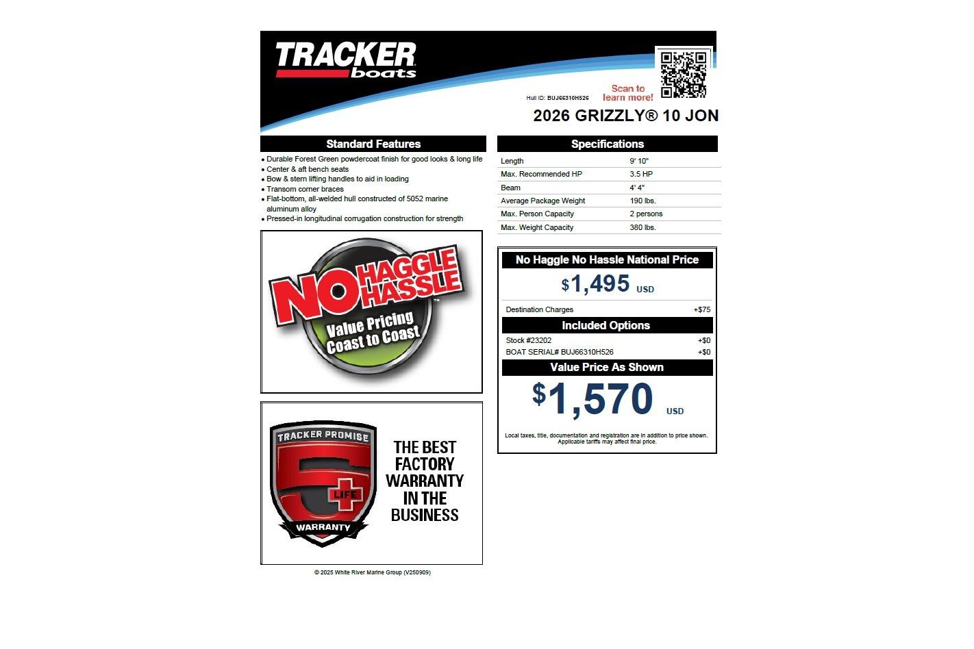 2026 Tracker Grizzly 10 Jon boat specifications and pricing details.