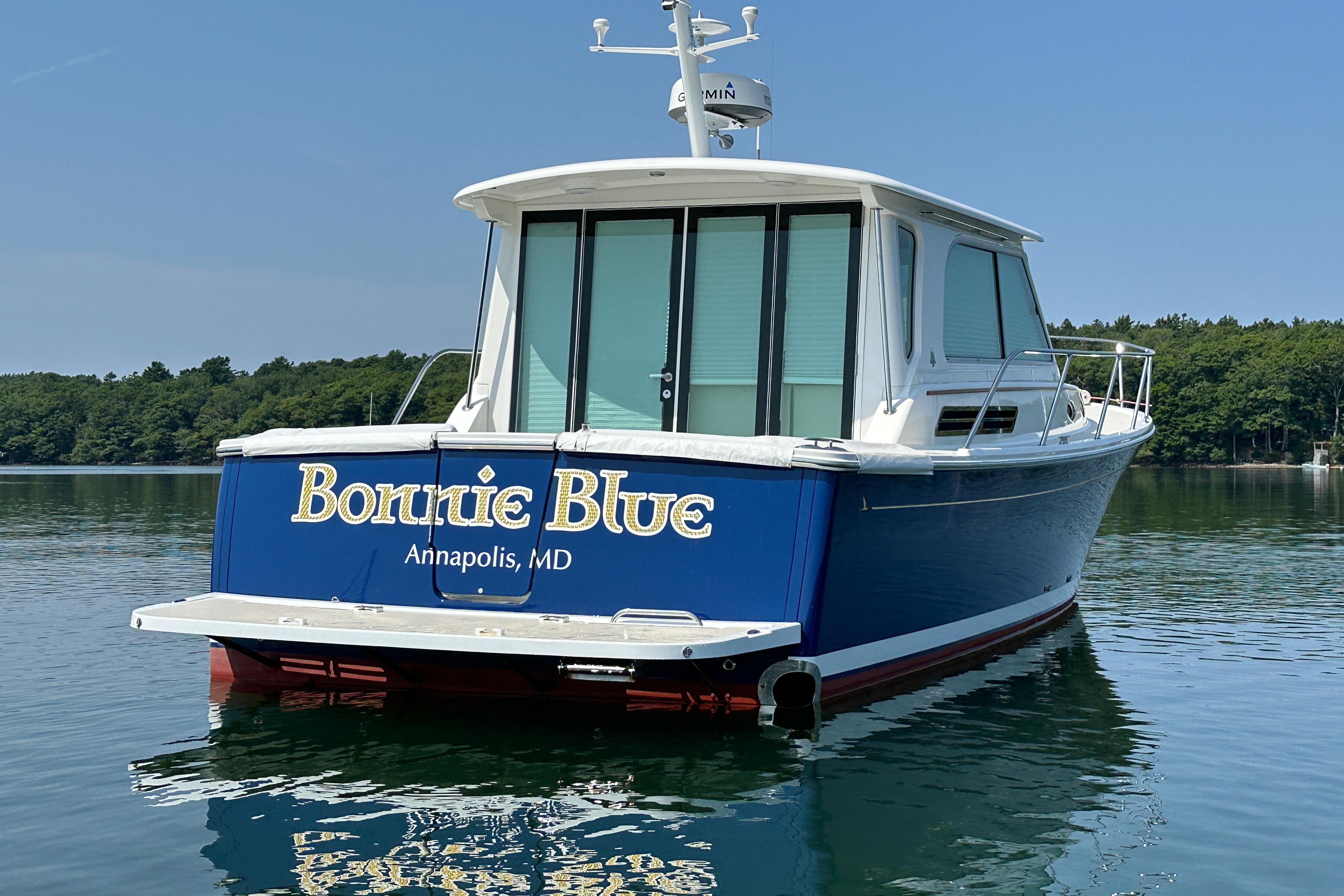 2015 Back Cove 37 boat named u0022Bonnie Blueu0022 on calm water, Annapolis, MD.