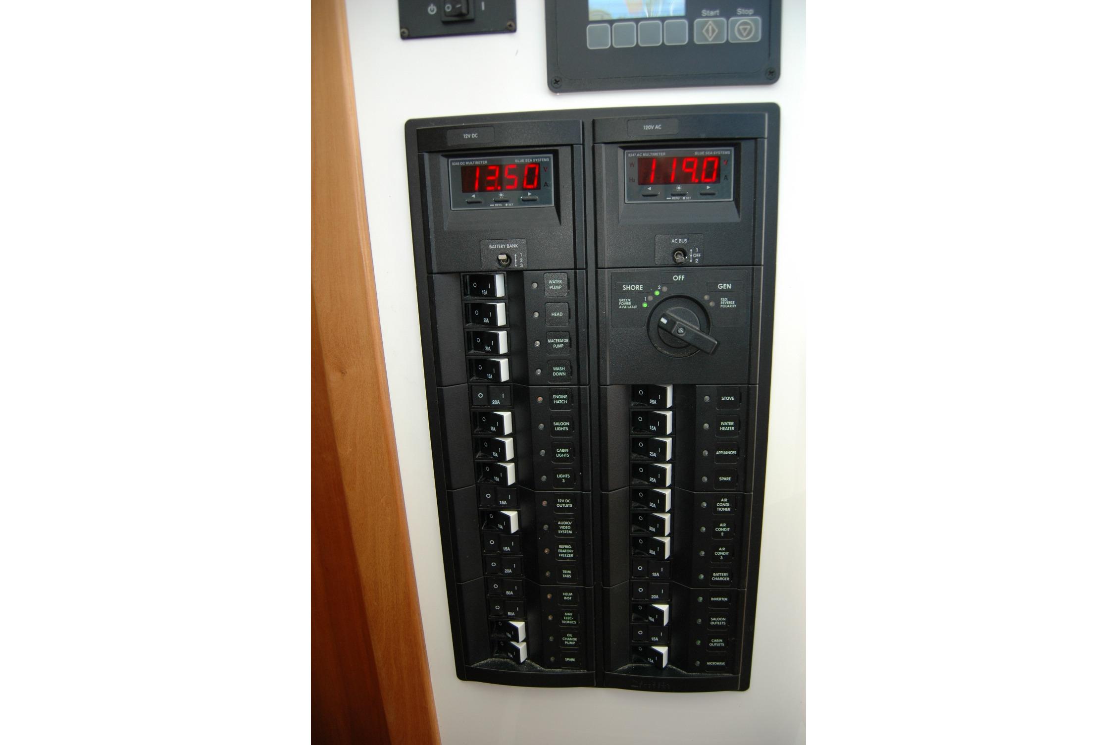 Electrical control panel on a 2015 Back Cove 37 boat, featuring digital displays and switches.