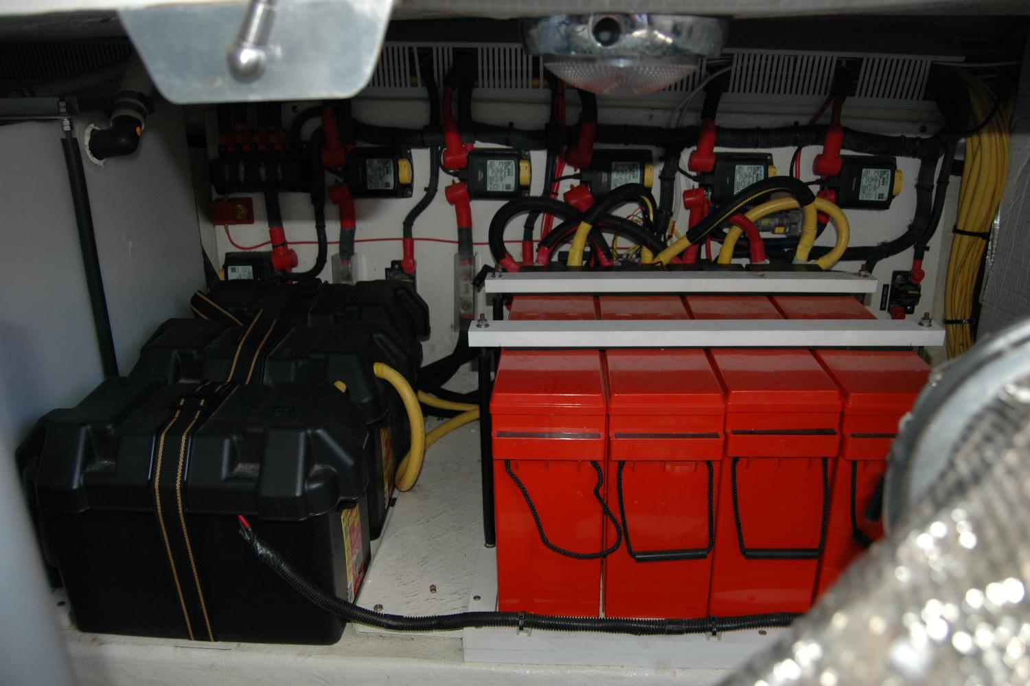 Engine room of 2015 Back Cove 37 with batteries and wiring.