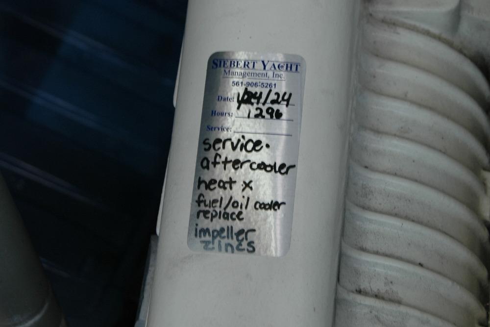 Service label on a 2015 Back Cove 37 yacht engine component.