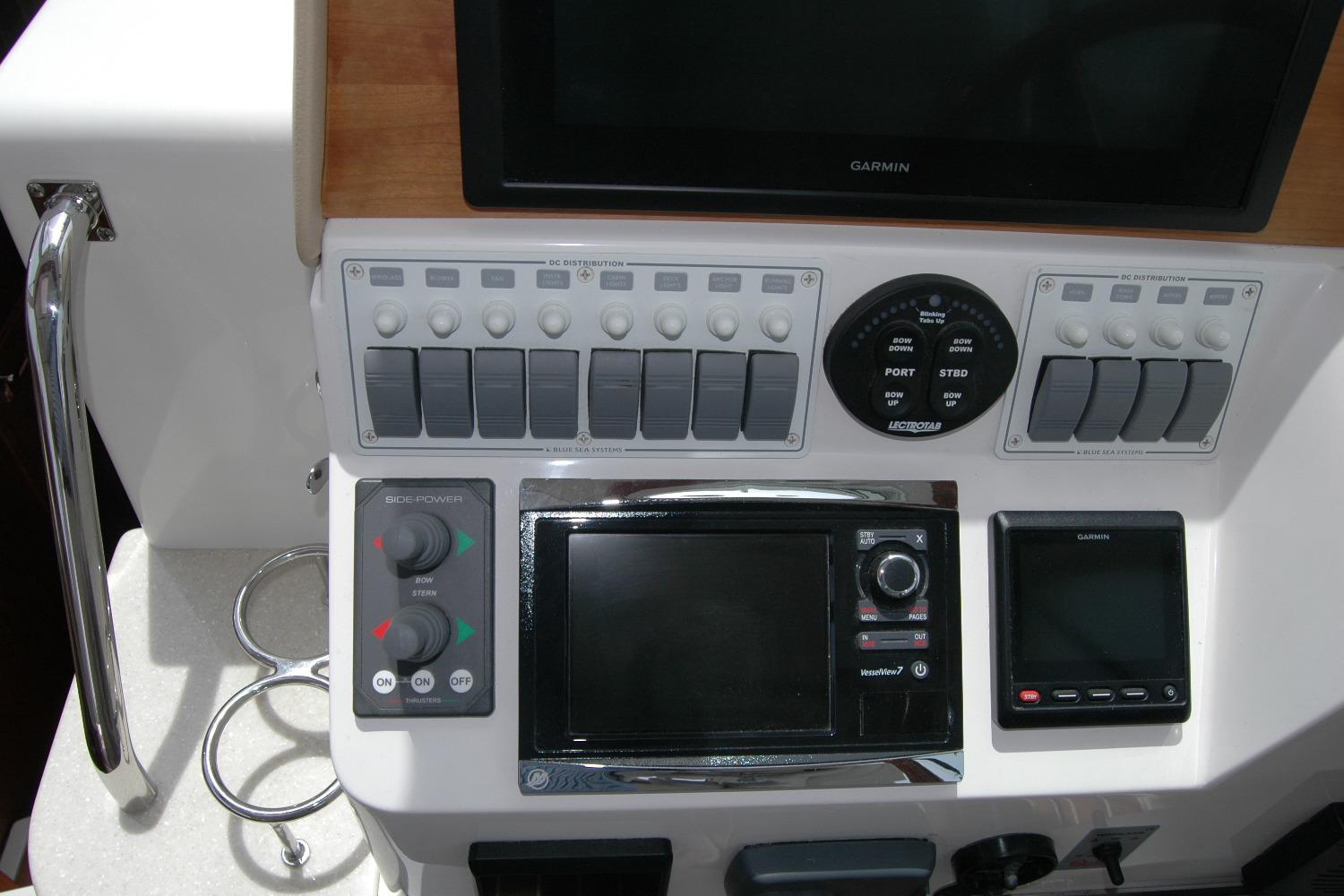 2015 Back Cove 37 helm with Garmin electronics and control panel.