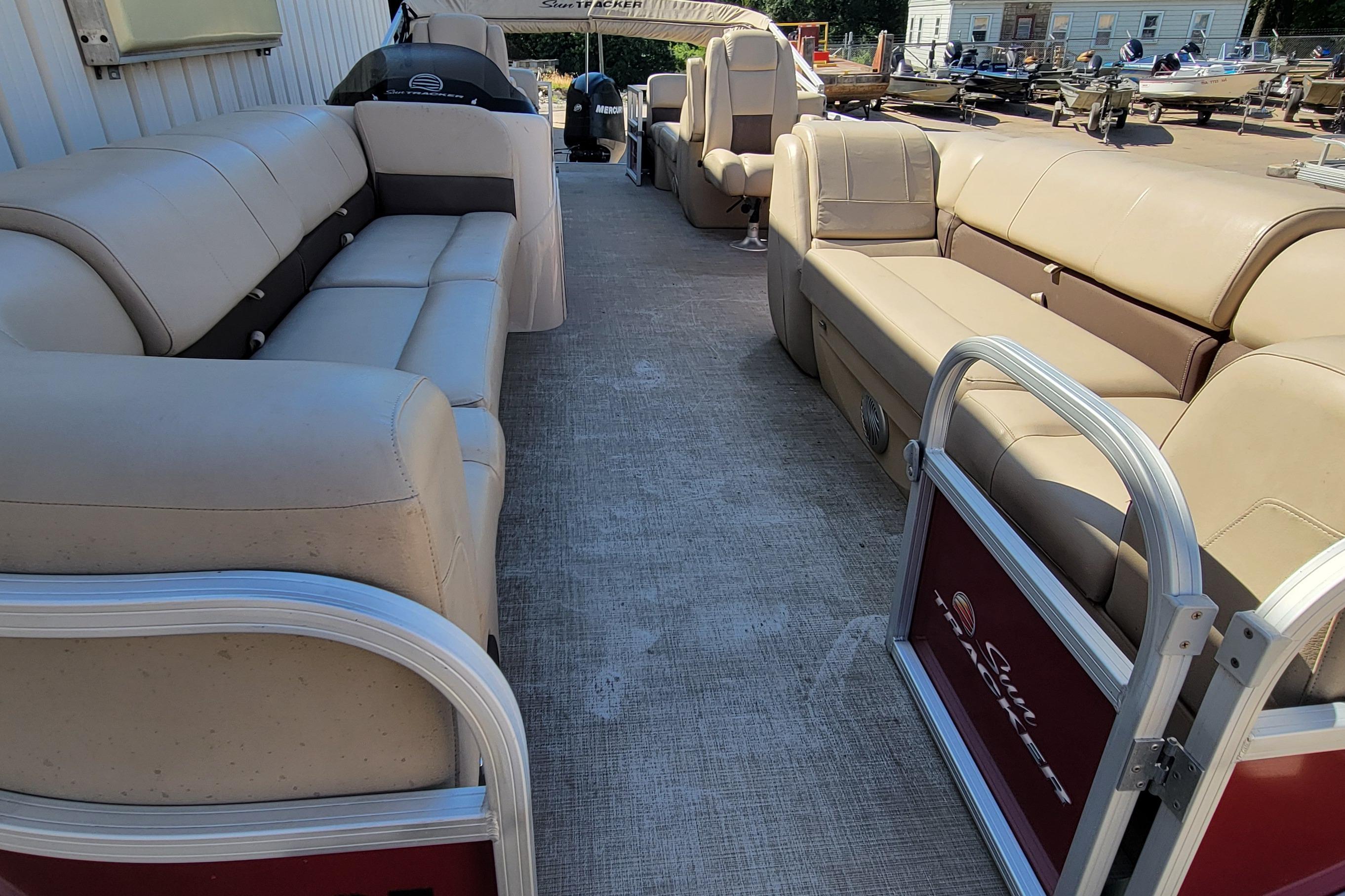 2019 Sun Tracker Party Barge 24 DLX interior with spacious seating and modern design.