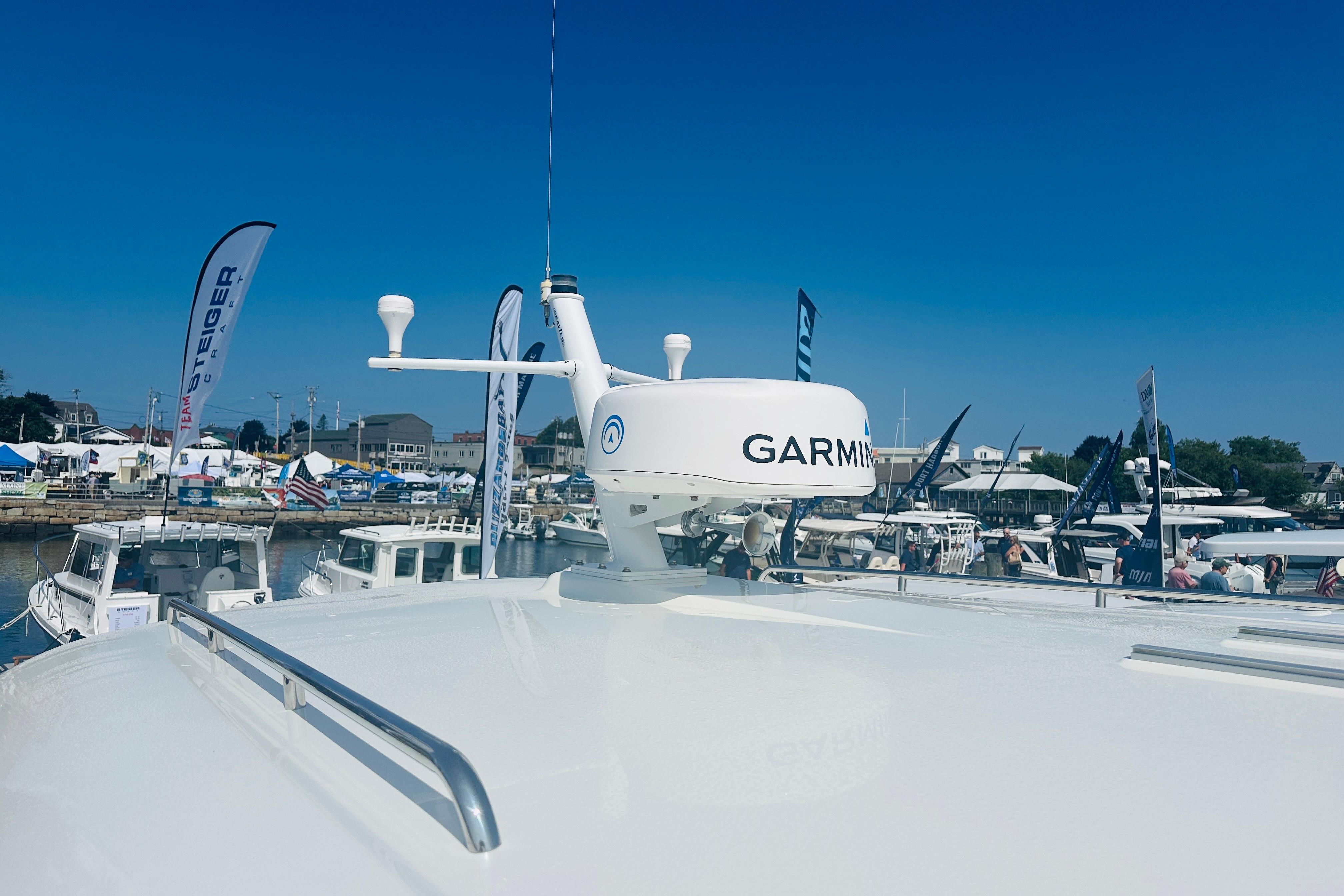 2017 Back Cove 32 boat with Garmin radar at a marina event.