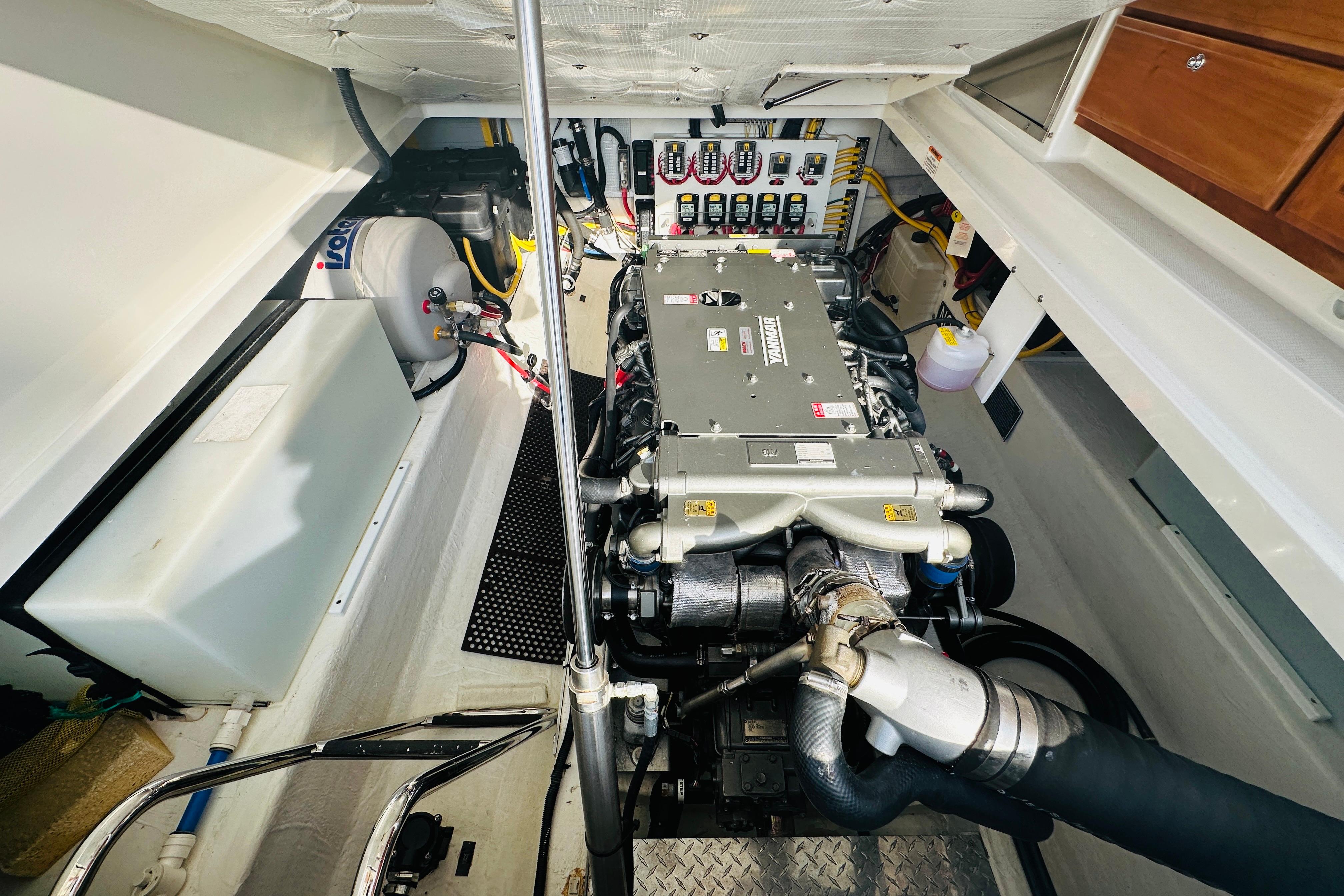 Engine room of a 2017 Back Cove 32 boat, featuring a Yanmar engine.