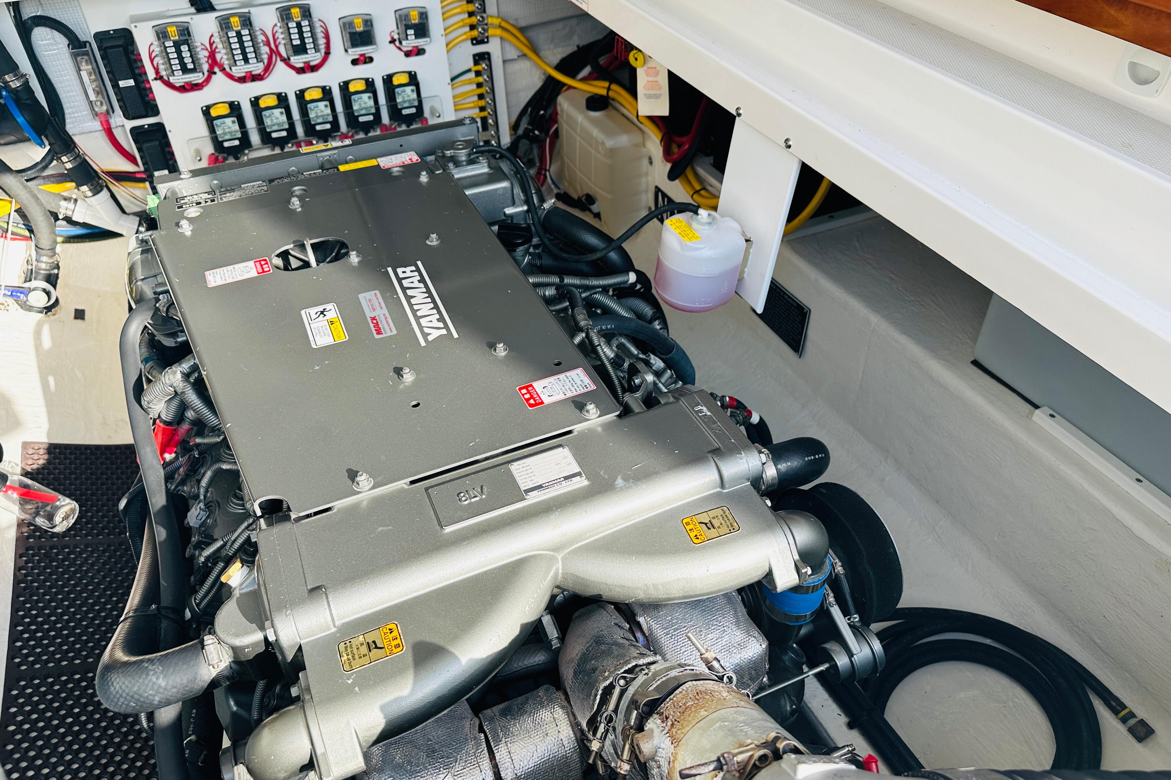 Engine compartment of a 2017 Back Cove 32 boat with Yanmar engine.