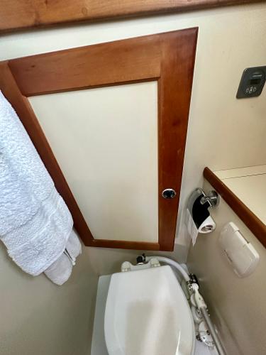 1996 Valiant 39 bathroom with wooden door, white towel, and toilet.