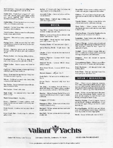 Valiant Yachts 1996 brochure detailing features of the Valiant 39 model, including deck and rigging.