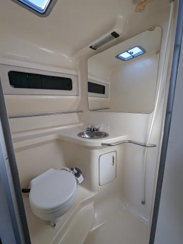 1992 Sea Ray 330 Express Cruiser bathroom with sink, toilet, and mirror.