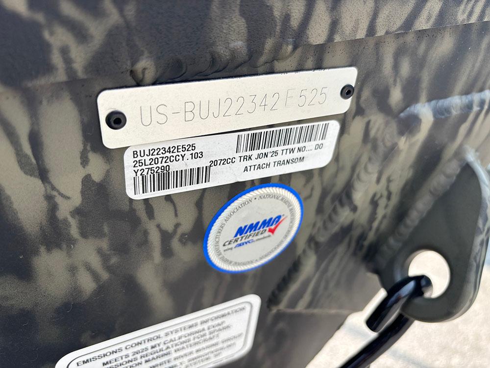 2025 Tracker Grizzly 2072 CC boat identification plate with serial numbers and NMMA certification.
