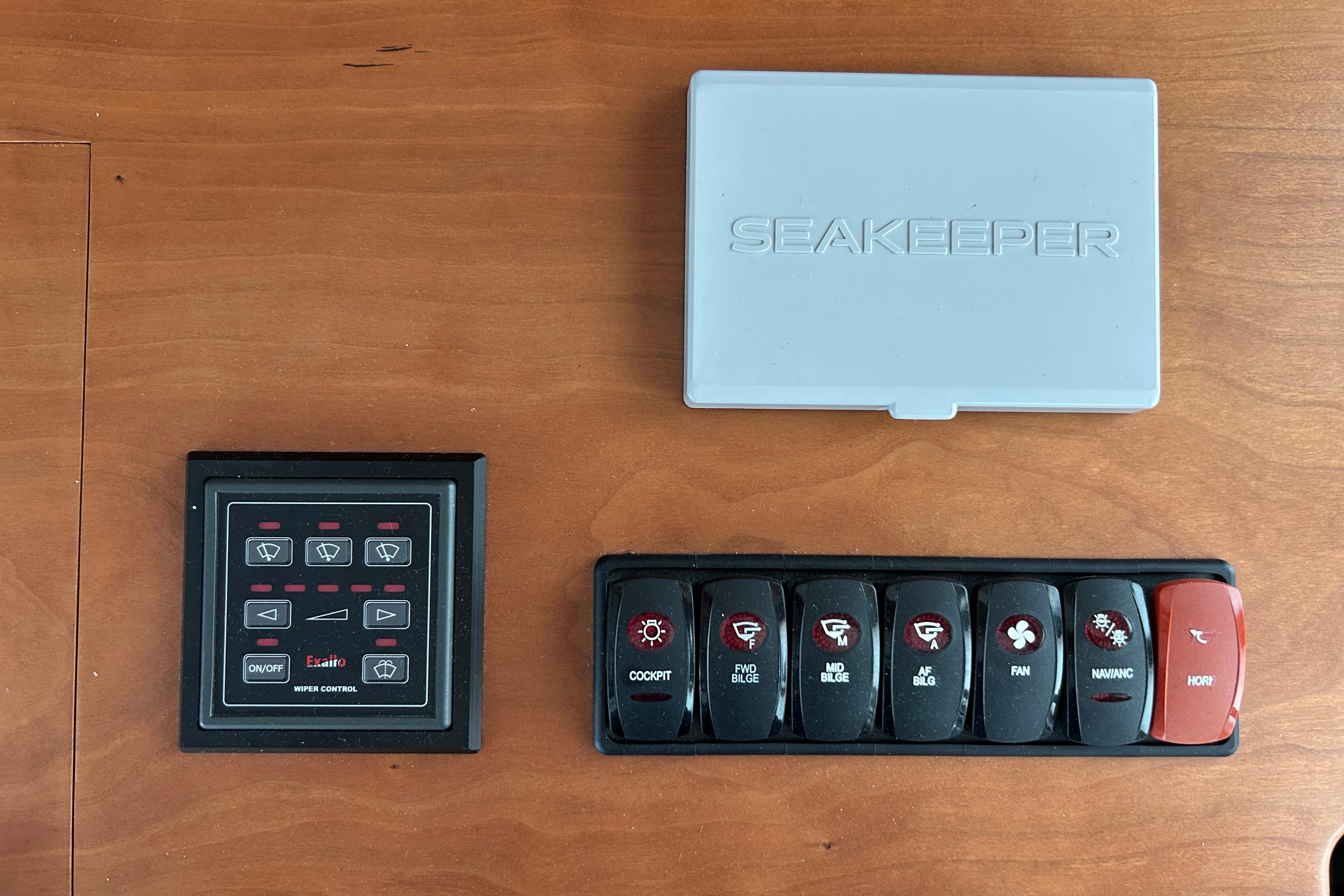 Control panel and switches on a 2022 Sabre 45 Salon Express yacht.