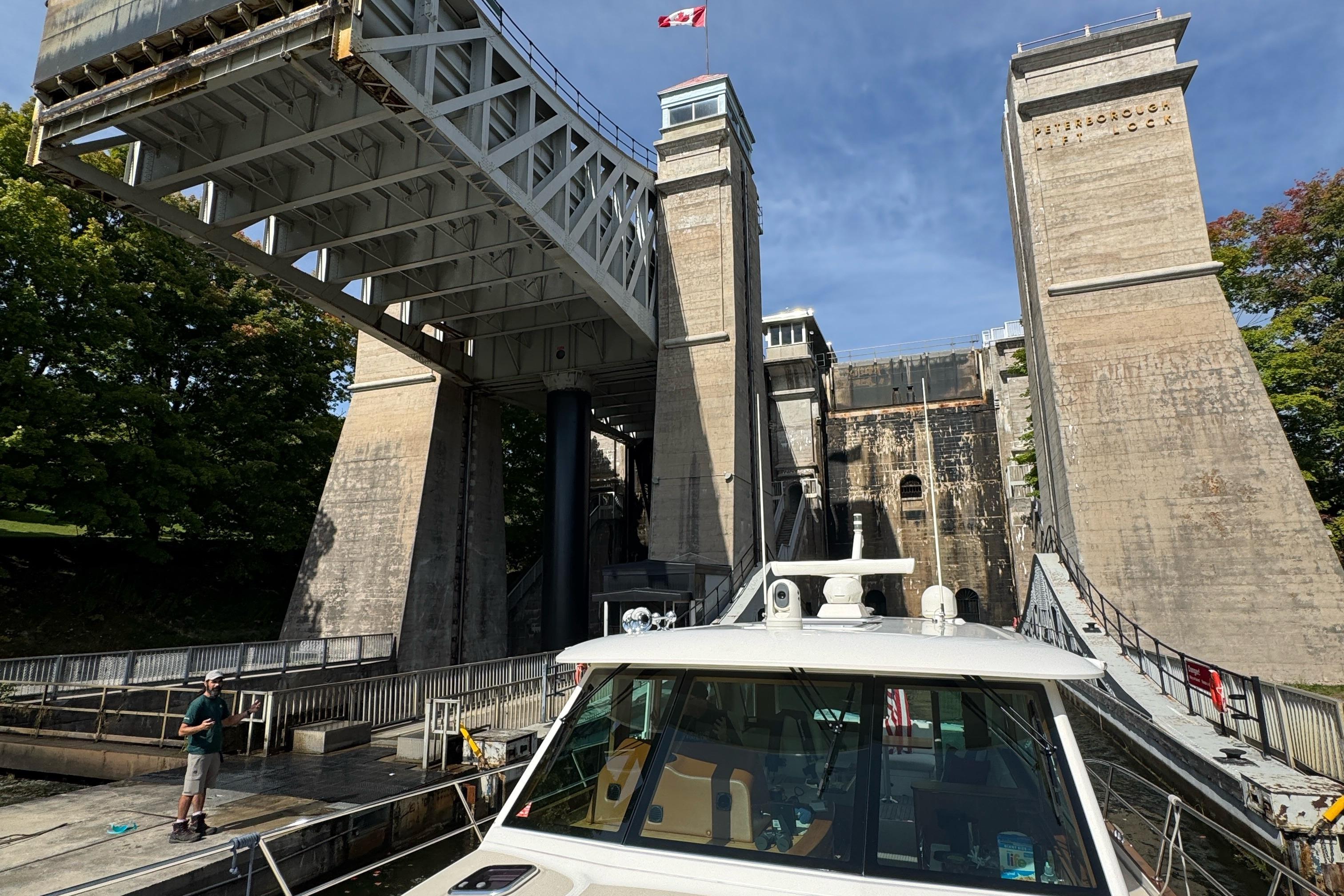 2022 Sabre 45 Salon Express at Peterborough Lift Lock, under clear blue sky.