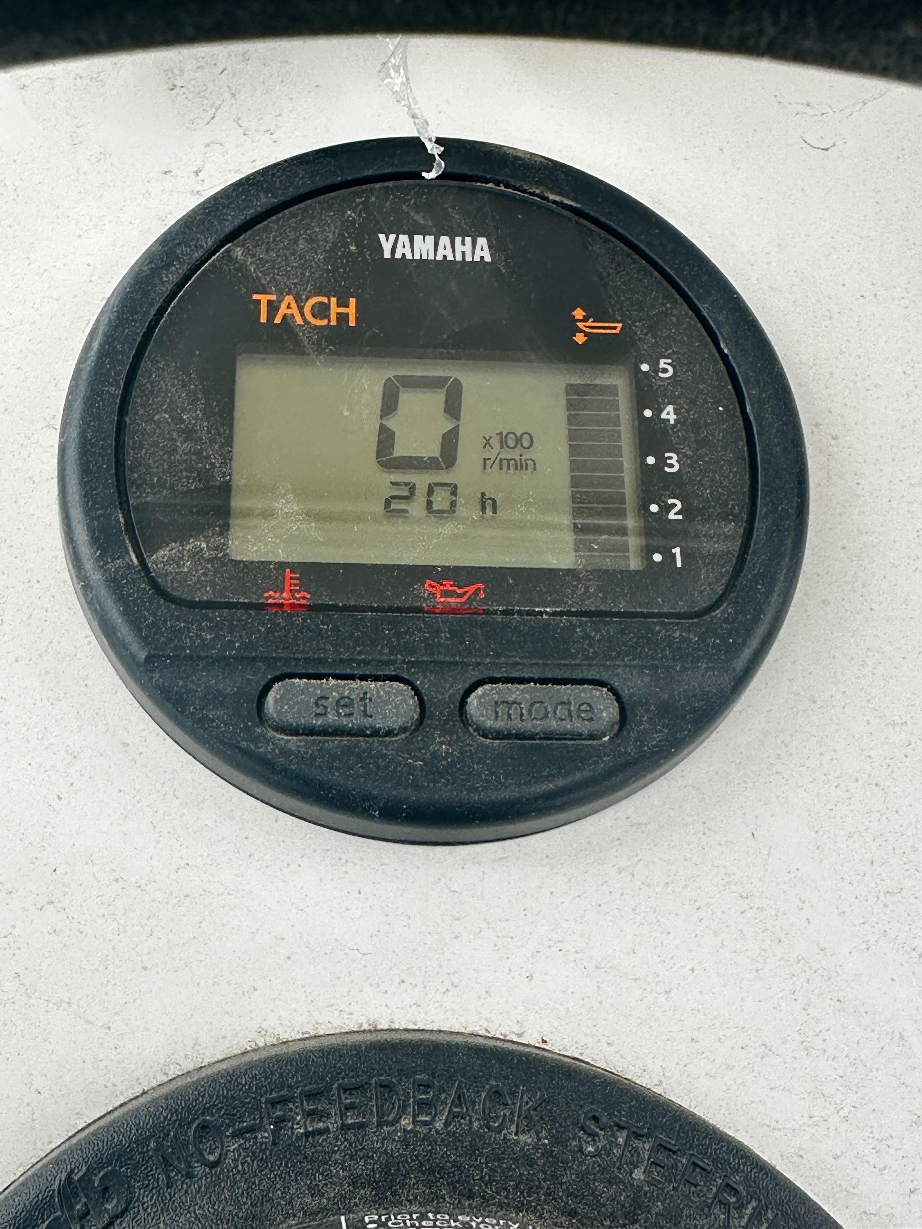Yamaha tachometer display on 2021 Hedia Rib580 boat, showing 0 RPM and 20 hours.