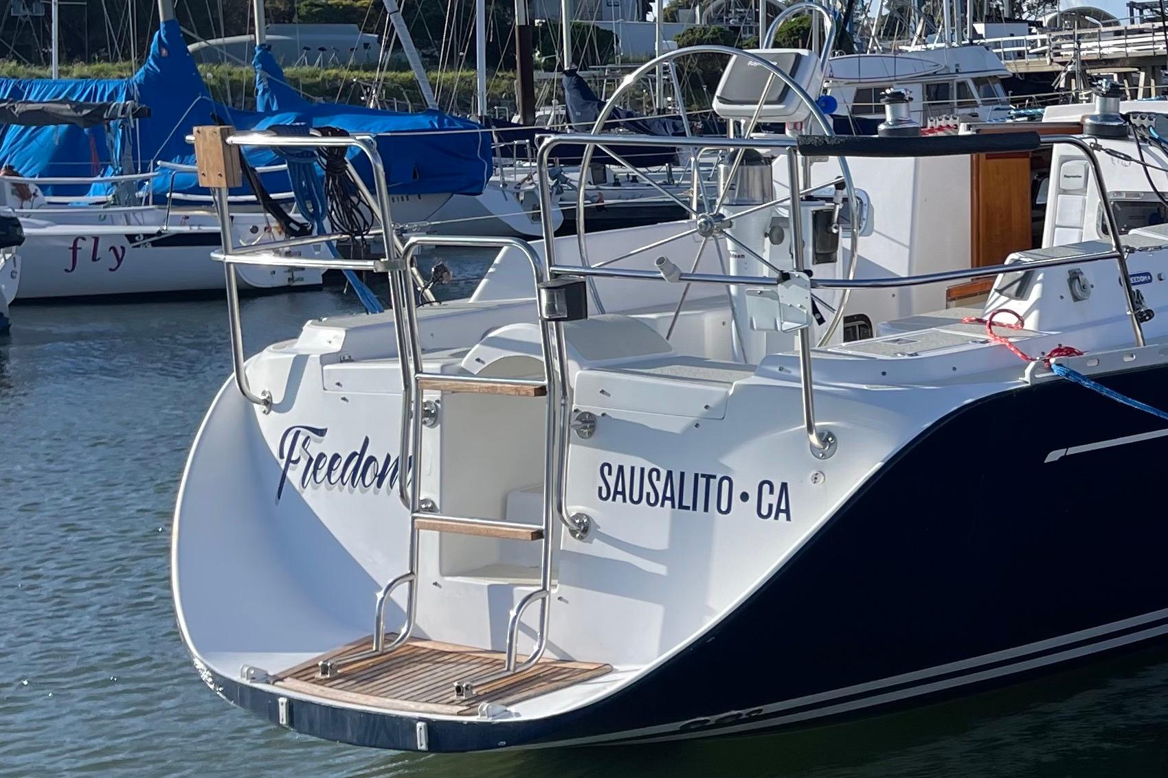 Sailboat "Freedom 35" docked in Sausalito, CA marina, 1995 model.