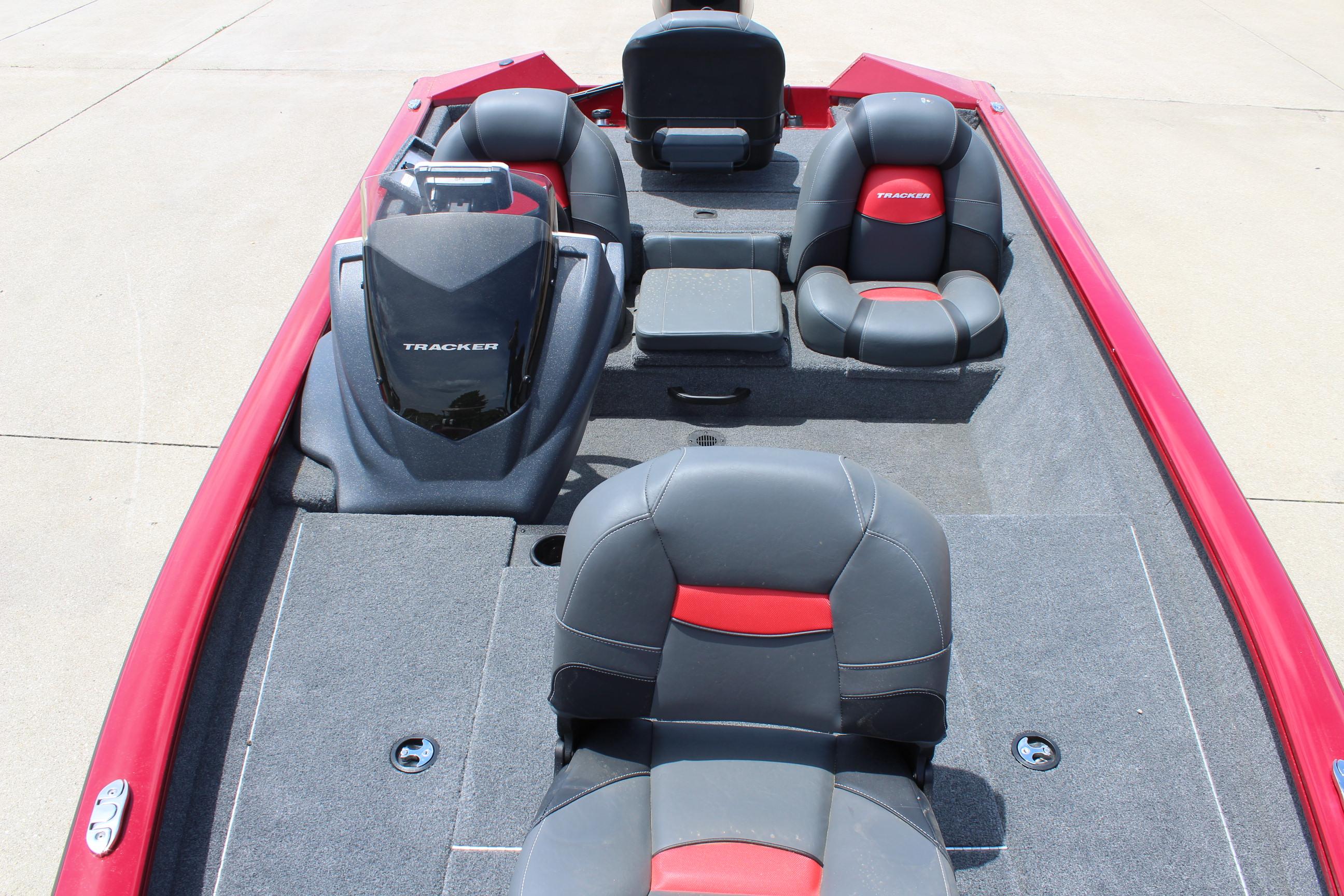 2025 Tracker Pro Team 175 boat interior with red and black seating.