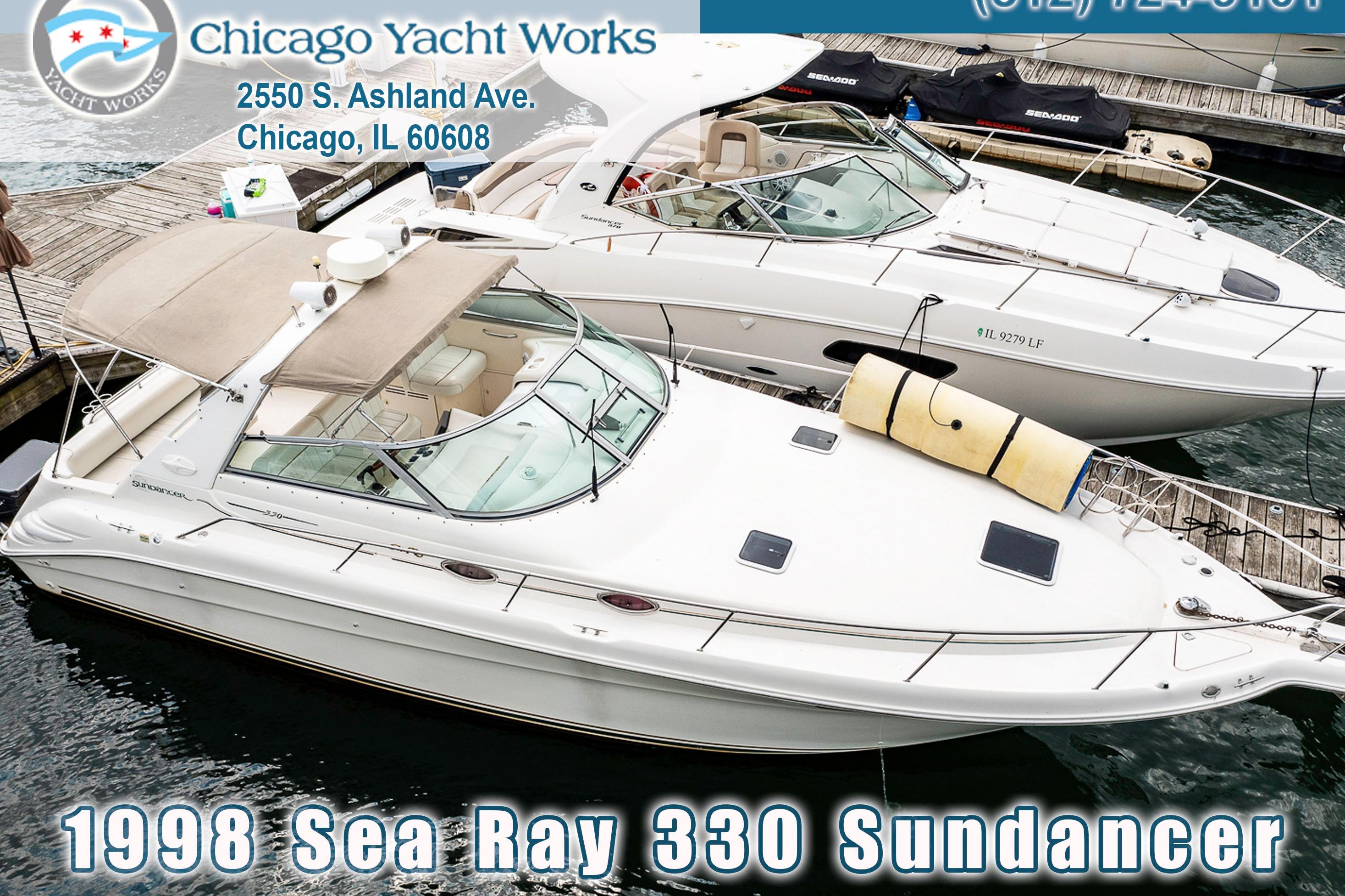 1998 Sea Ray 330 Sundancer yacht docked at Chicago Yacht Works marina.