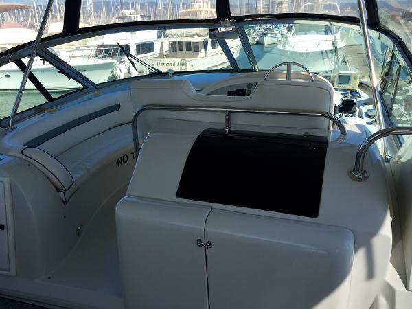 Interior of a 1999 Bluewater 5800 yacht docked at marina.