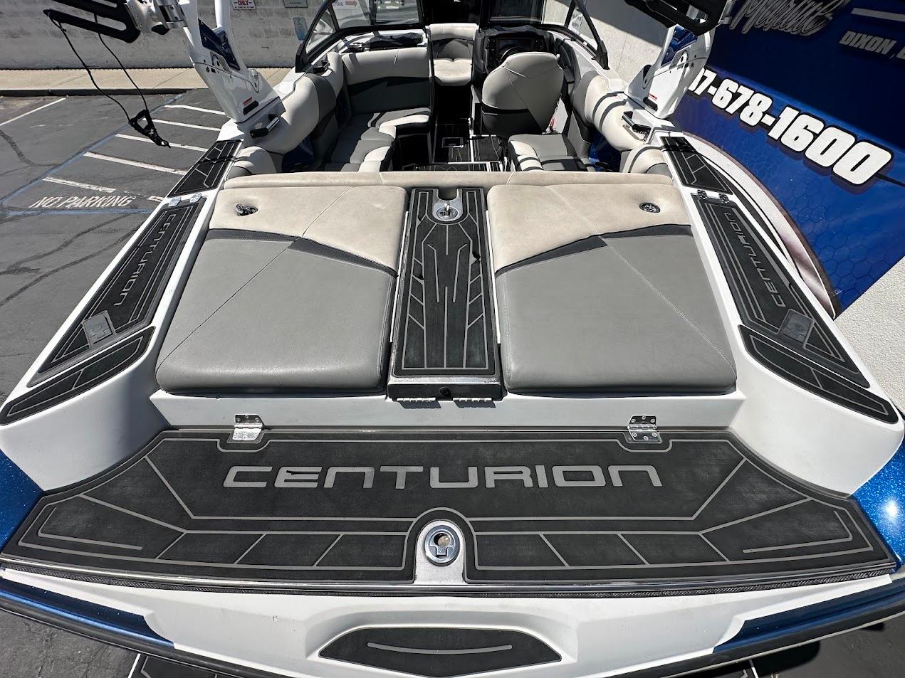 2021 Centurion Fi23 boat interior with sleek seating and branding.