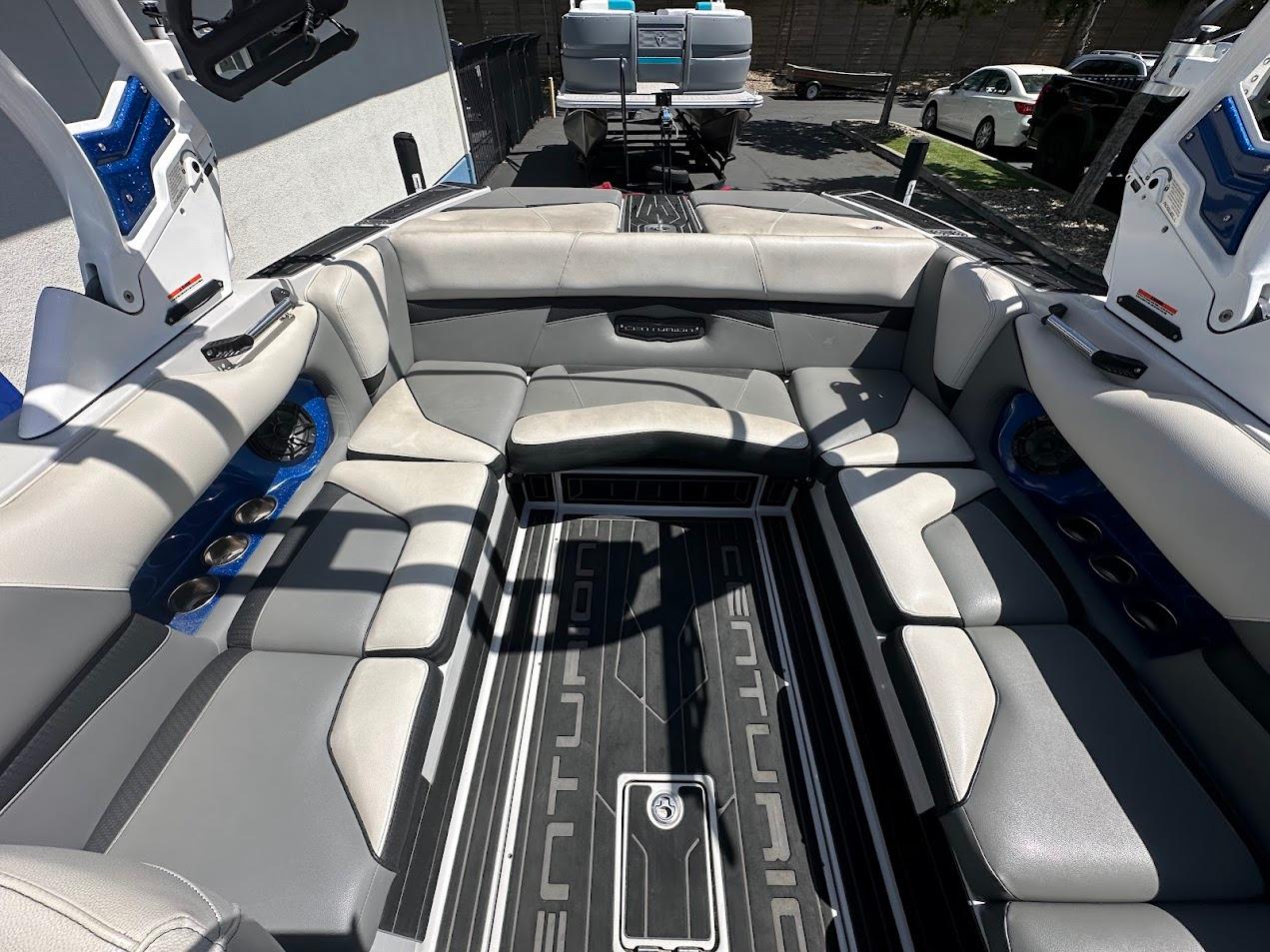2021 Centurion Fi23 boat interior with luxurious seating and modern design.