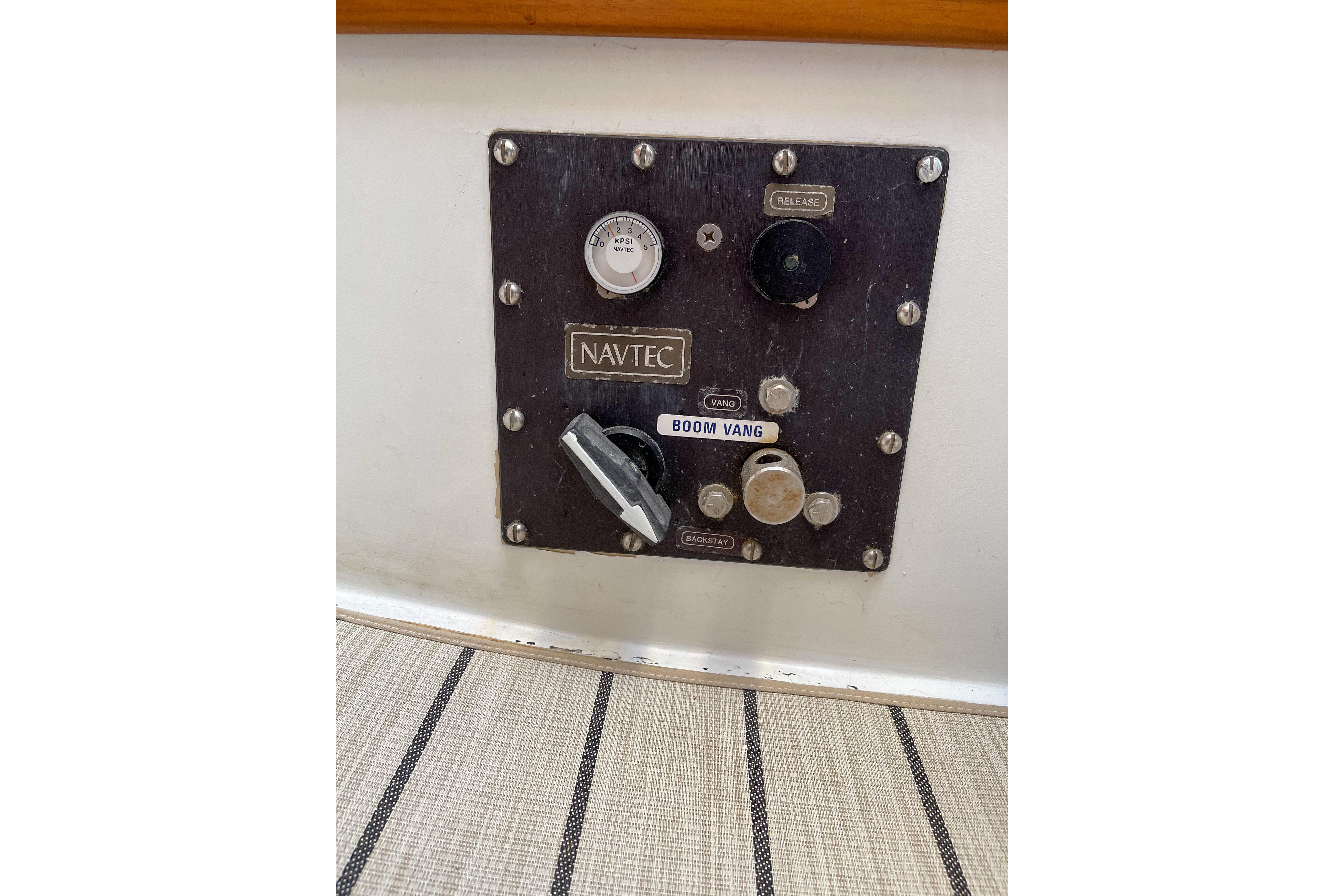 Control panel on 1981 Catalina 30 sailboat featuring Navtec boom vang system.
