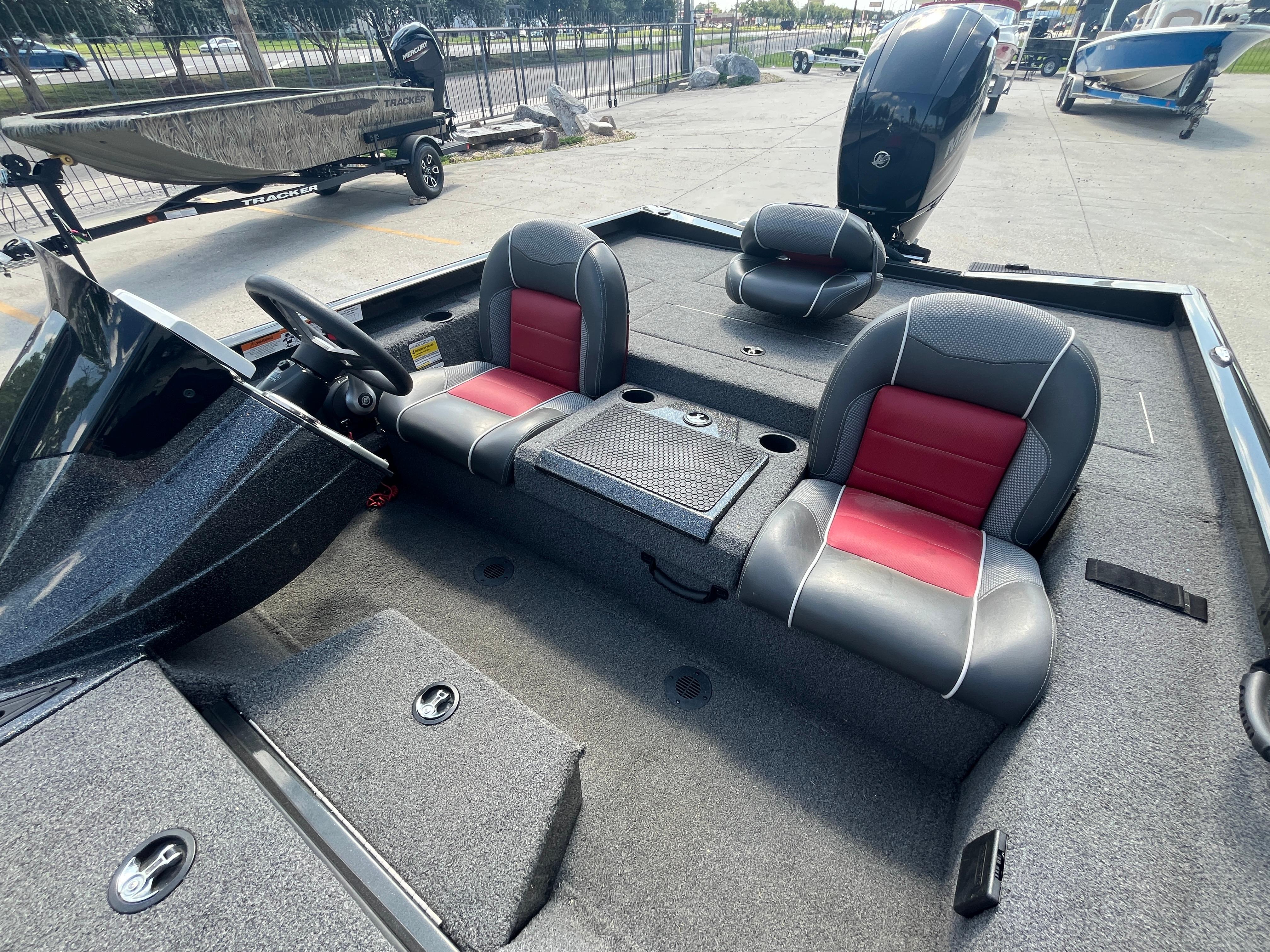 2017 Ranger RT 198P boat interior with red and gray seating.
