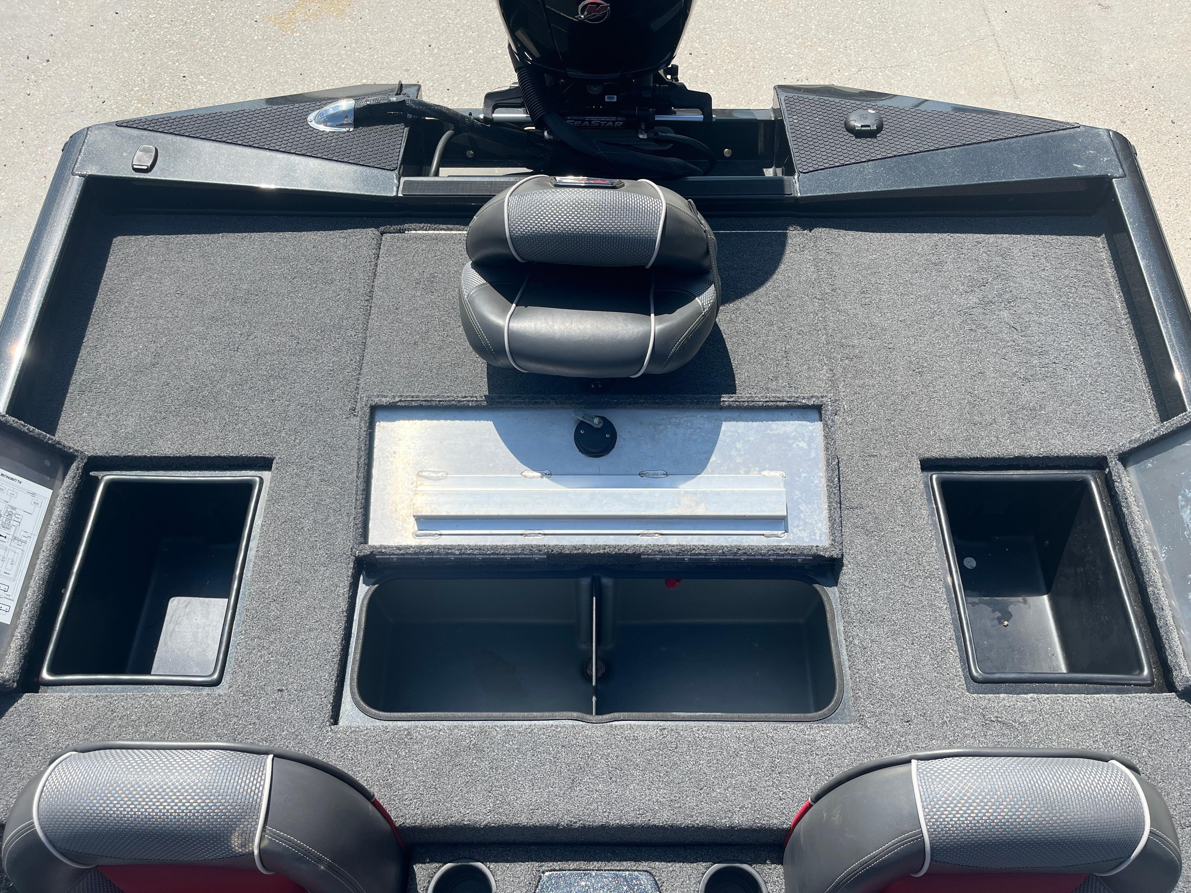 2017 Ranger RT 198P boat deck with storage compartments and seating.