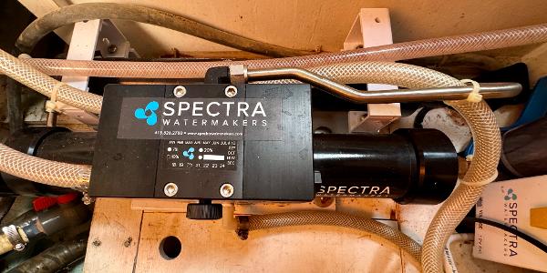 Spectra watermaker system in 1983 Tayana 52 Aft Cockpit yacht engine room.