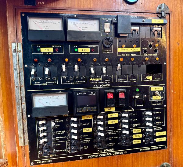 Electrical control panel on a 1983 Tayana 52 Aft Cockpit sailboat.