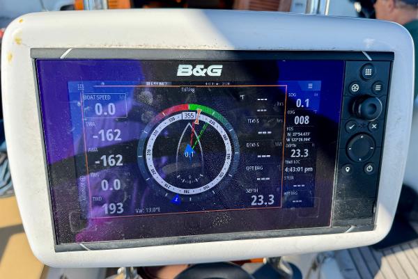 B&G navigation display on 1983 Tayana 52 Aft Cockpit sailboat showing sailing data.