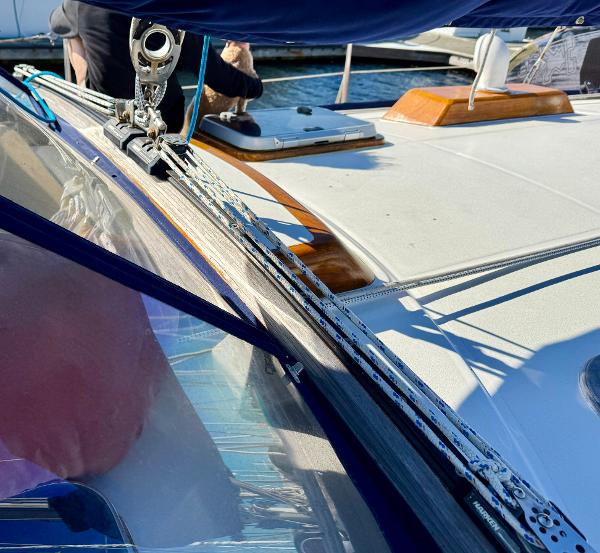 1983 Tayana 52 Aft Cockpit sailboat deck with rigging and hatch details.