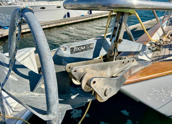Anchor system on 1983 Tayana 52 Aft Cockpit sailboat, featuring Rocna 40 anchor.