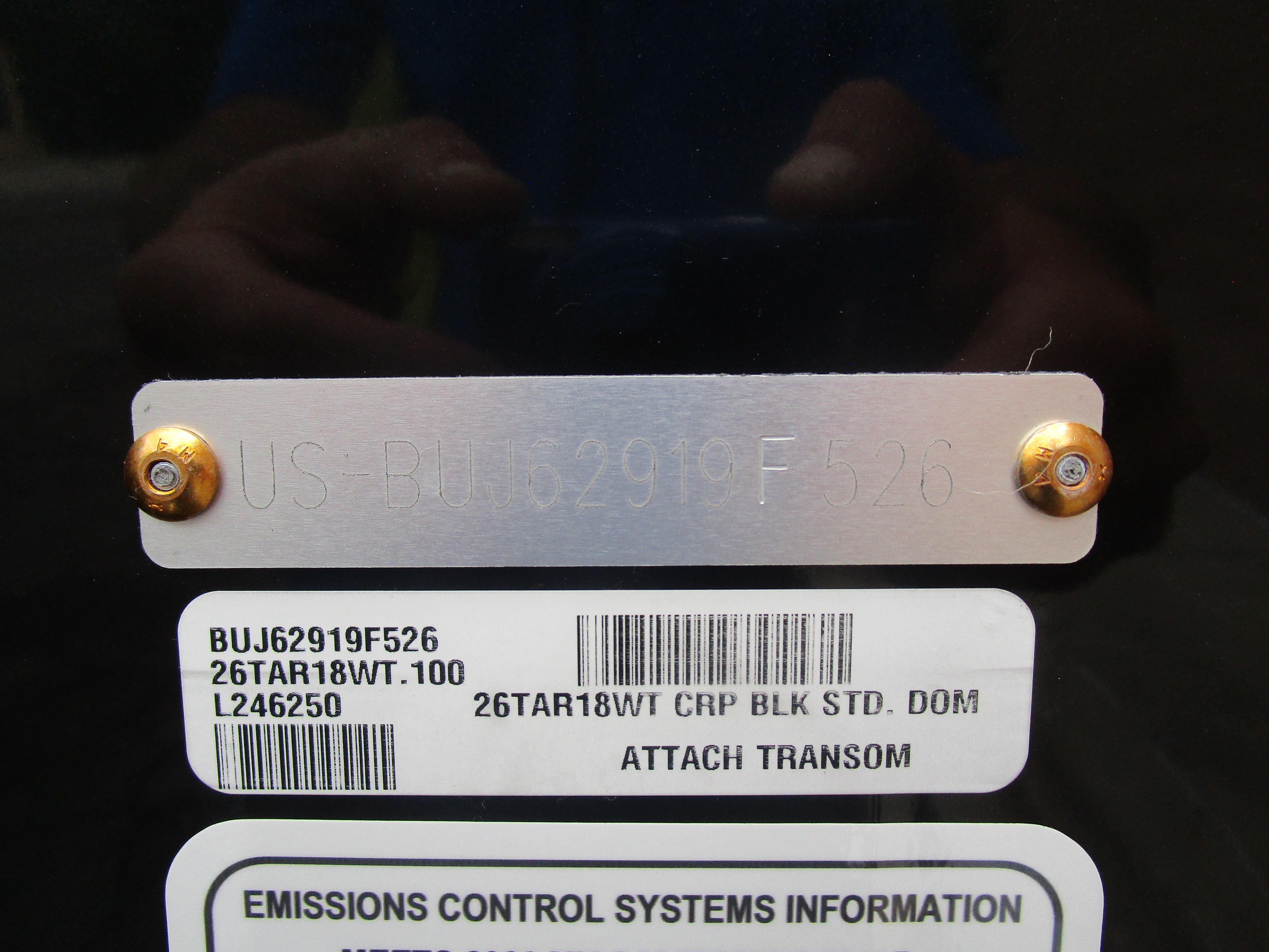 2026 Tracker Targa 18 WT boat identification and emissions control labels.