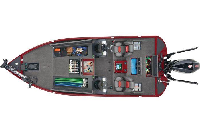 Top view of 2026 Tracker Savage 215 boat with organized storage and seating layout.